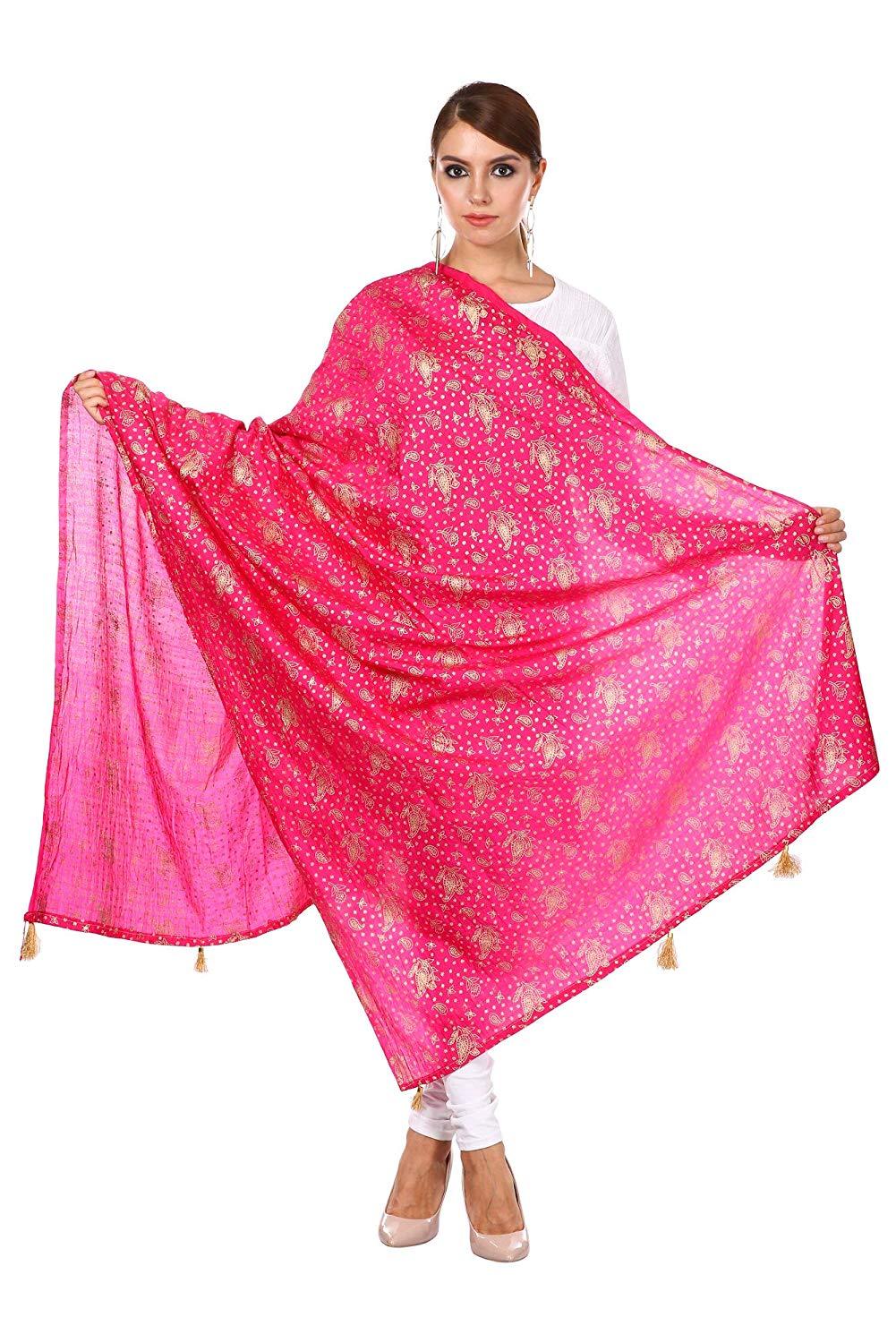 Pashtush Shawl Store Dupatta Pashtush Art Silk Dupatta for Women, with Golden Coloured Foil Printing, Light weight and Bright, Hot pink