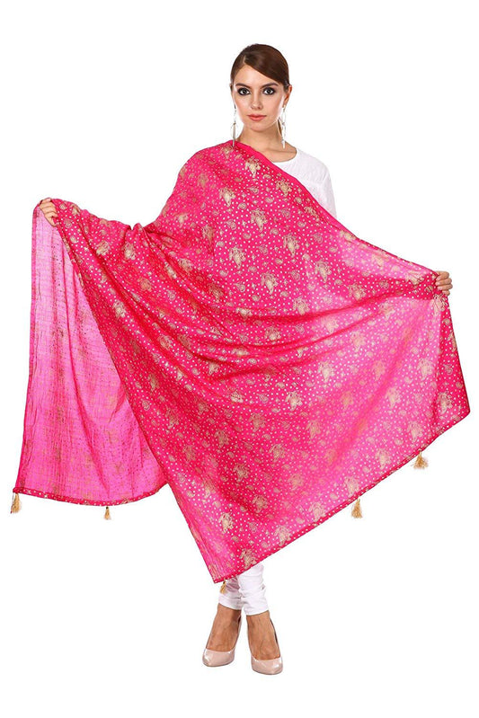 Pashtush Shawl Store Dupatta Pashtush Art Silk Dupatta for Women, with Golden Coloured Foil Printing, Light weight and Bright, Hot pink