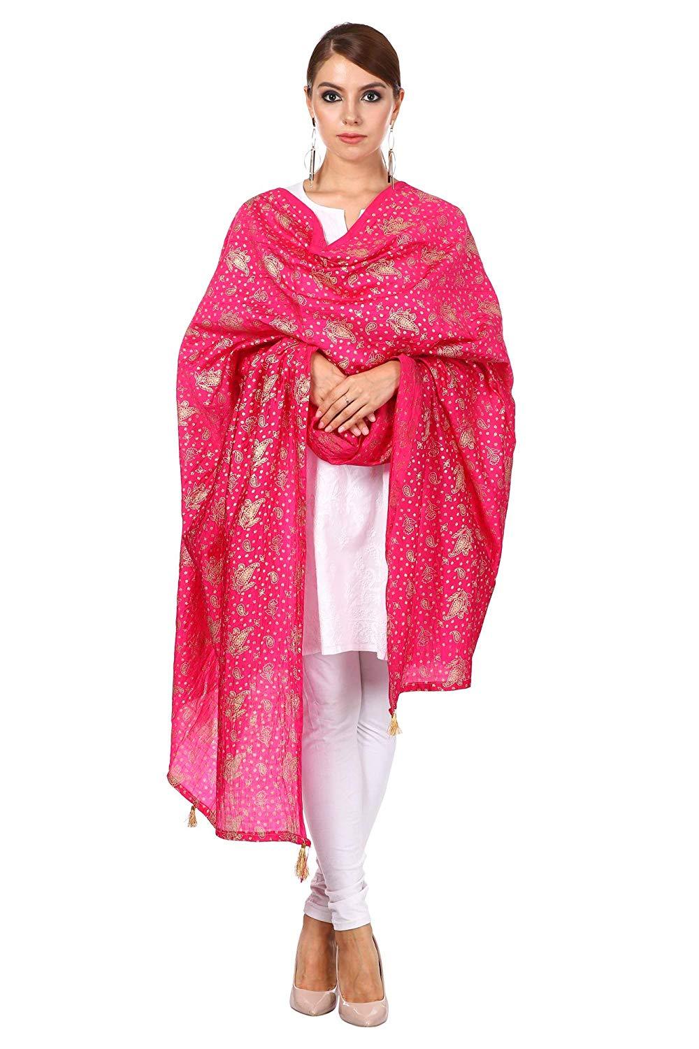 Pashtush Shawl Store Dupatta Pashtush Art Silk Dupatta for Women, with Golden Coloured Foil Printing, Light weight and Bright, Hot pink