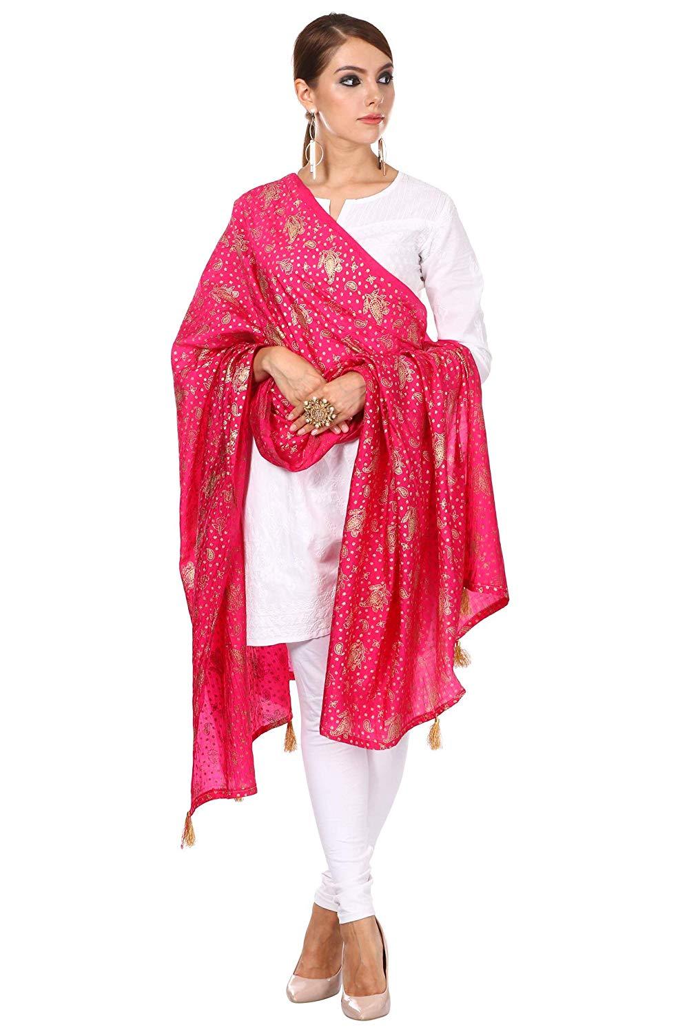 Pashtush Shawl Store Dupatta Pashtush Art Silk Dupatta for Women, with Golden Coloured Foil Printing, Light weight and Bright, Hot pink