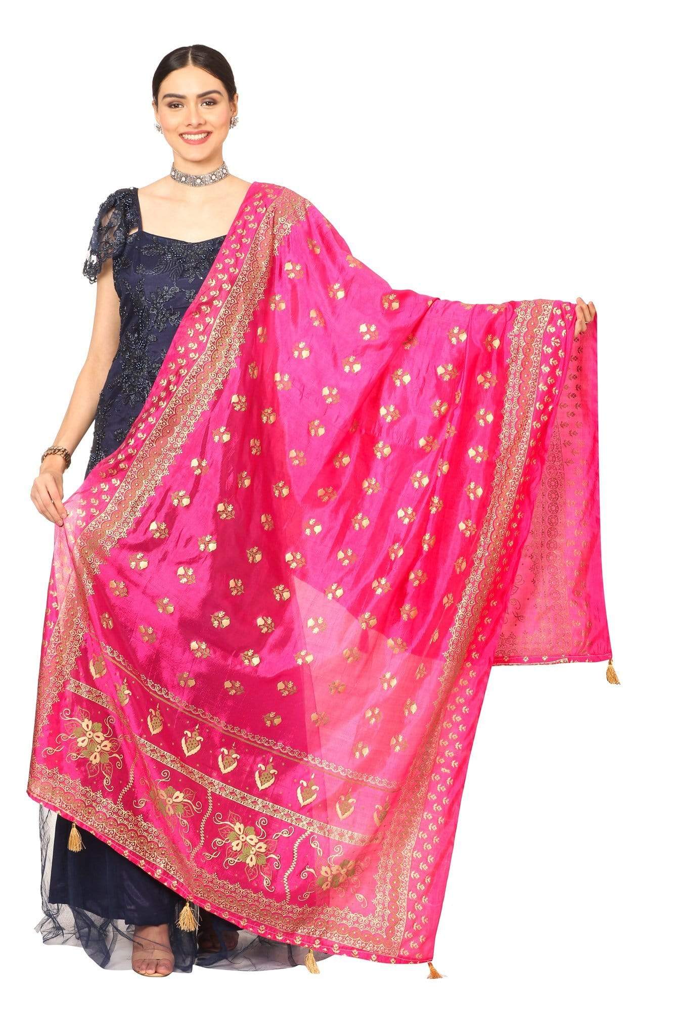 Pashtush India Dupatta Pashtush Art Silk Dupatta for Women, with Golden Coloured Foil Printing, Light weight and Bright, Pink