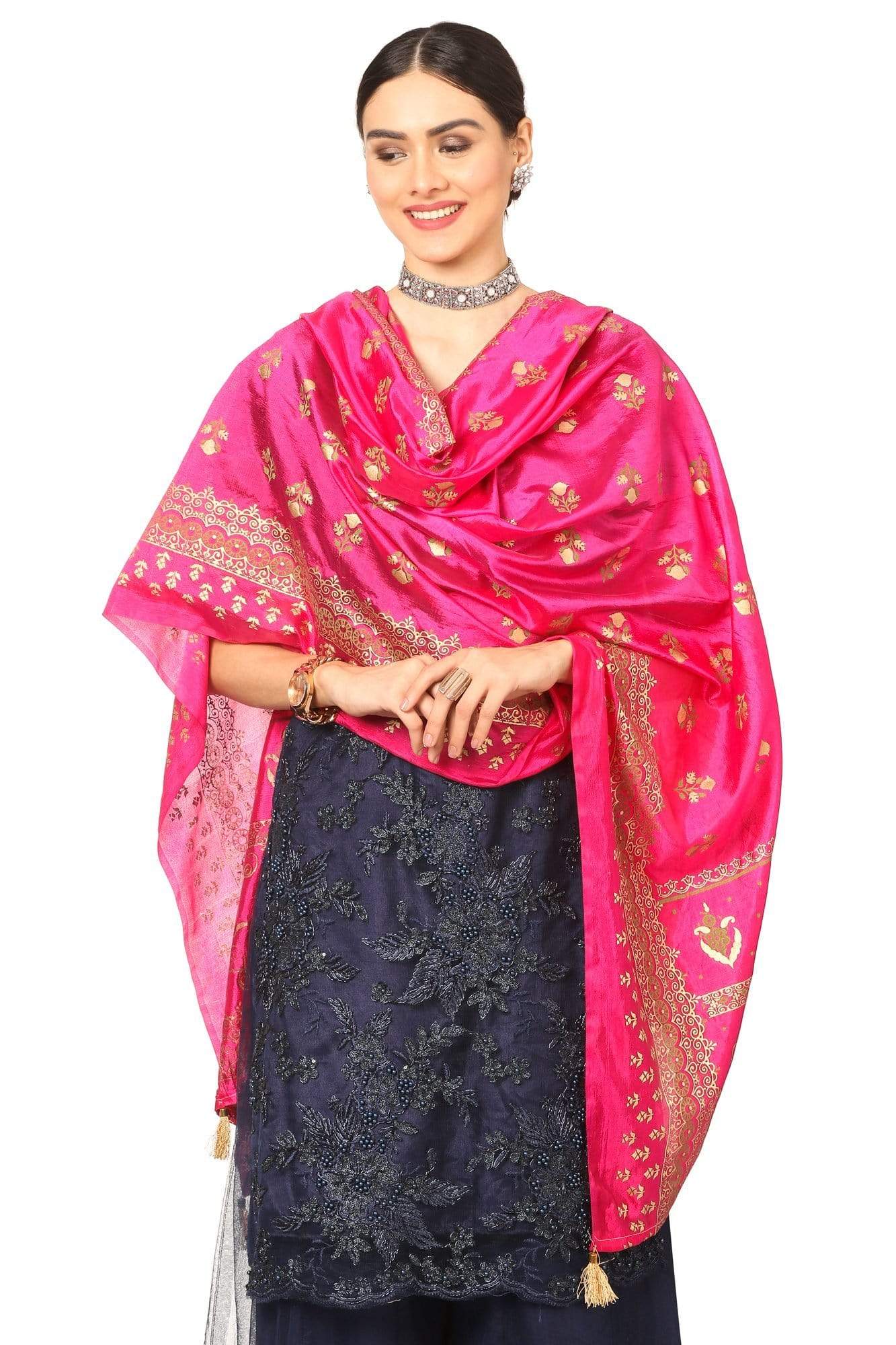 Pashtush India Dupatta Pashtush Art Silk Dupatta for Women, with Golden Coloured Foil Printing, Light weight and Bright, Pink