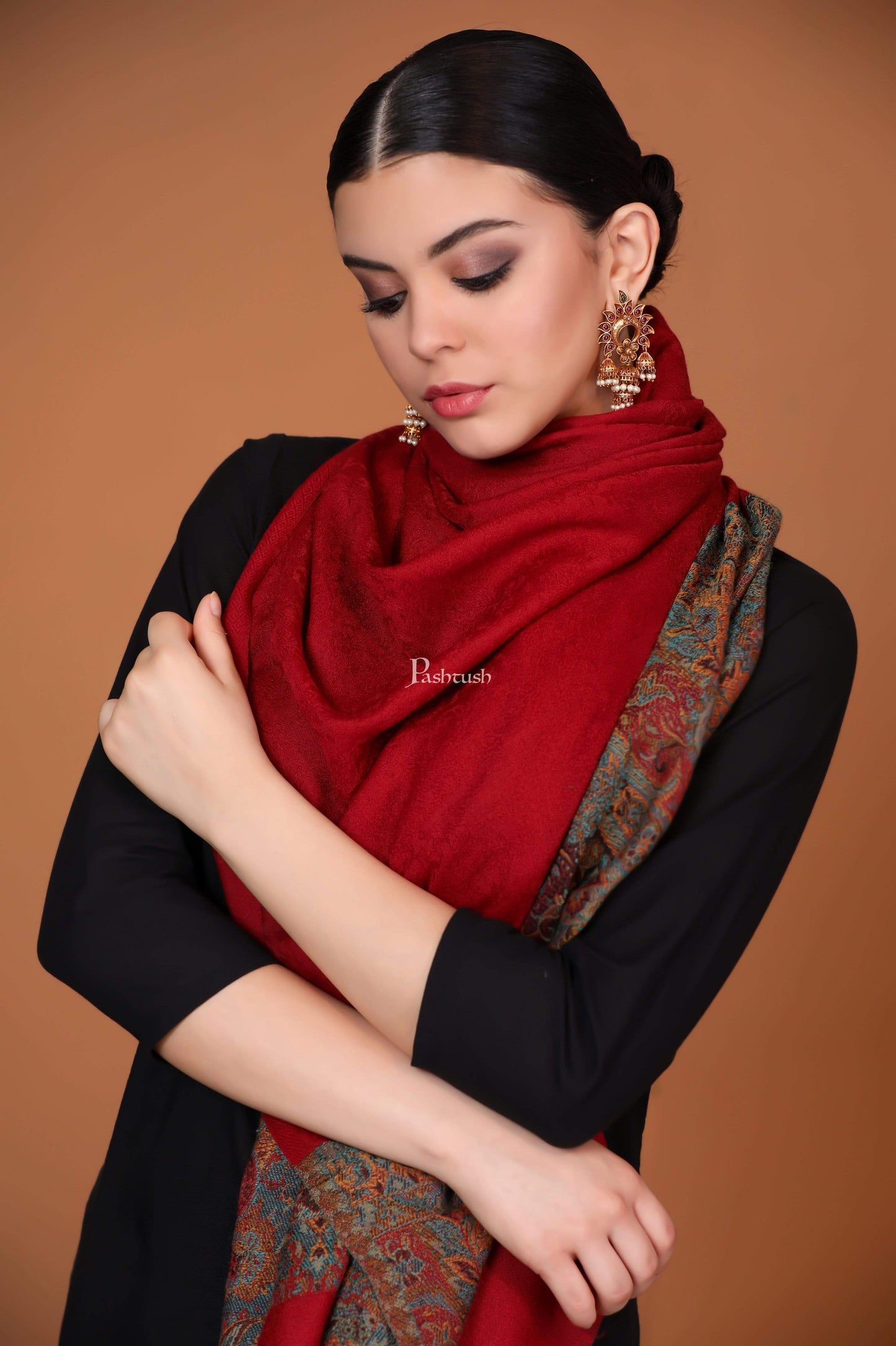 Pashtush India Stole Pashtush Fine Wool Luxury Striped Design Scarf, Stole, Self Weave Design - Maroon