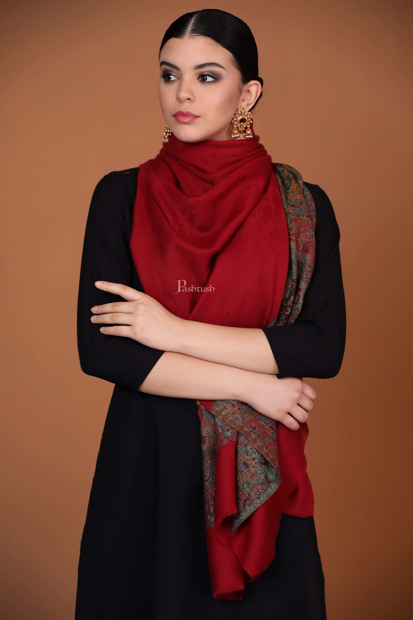 Pashtush India Stole Pashtush Fine Wool Luxury Striped Design Scarf, Stole, Self Weave Design - Maroon
