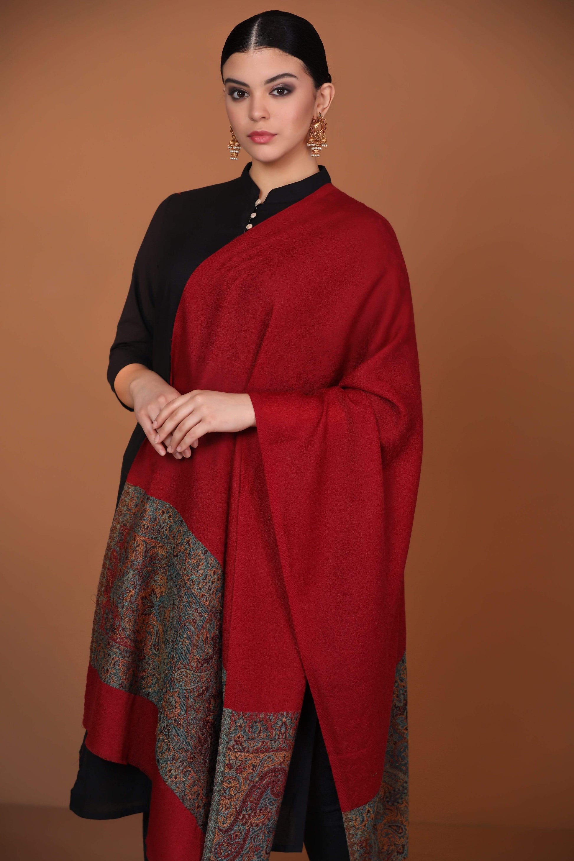 Pashtush India Stole Pashtush Fine Wool Luxury Striped Design Scarf, Stole, Self Weave Design - Maroon
