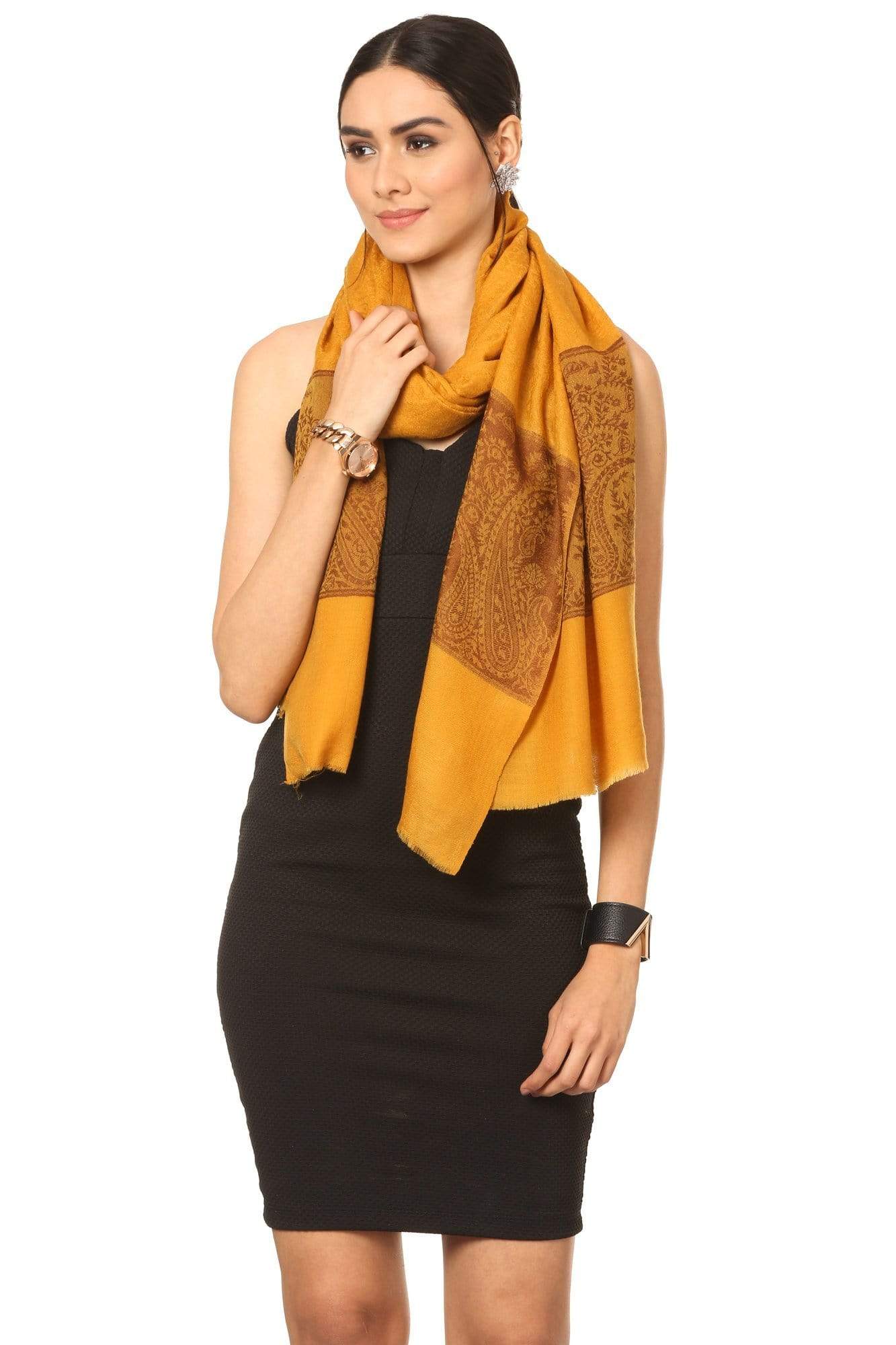 Pashtush India 70x200 Pashtush Fine Wool Luxury Paisley Design Scarf, Stole, Weaving Design - Mustard