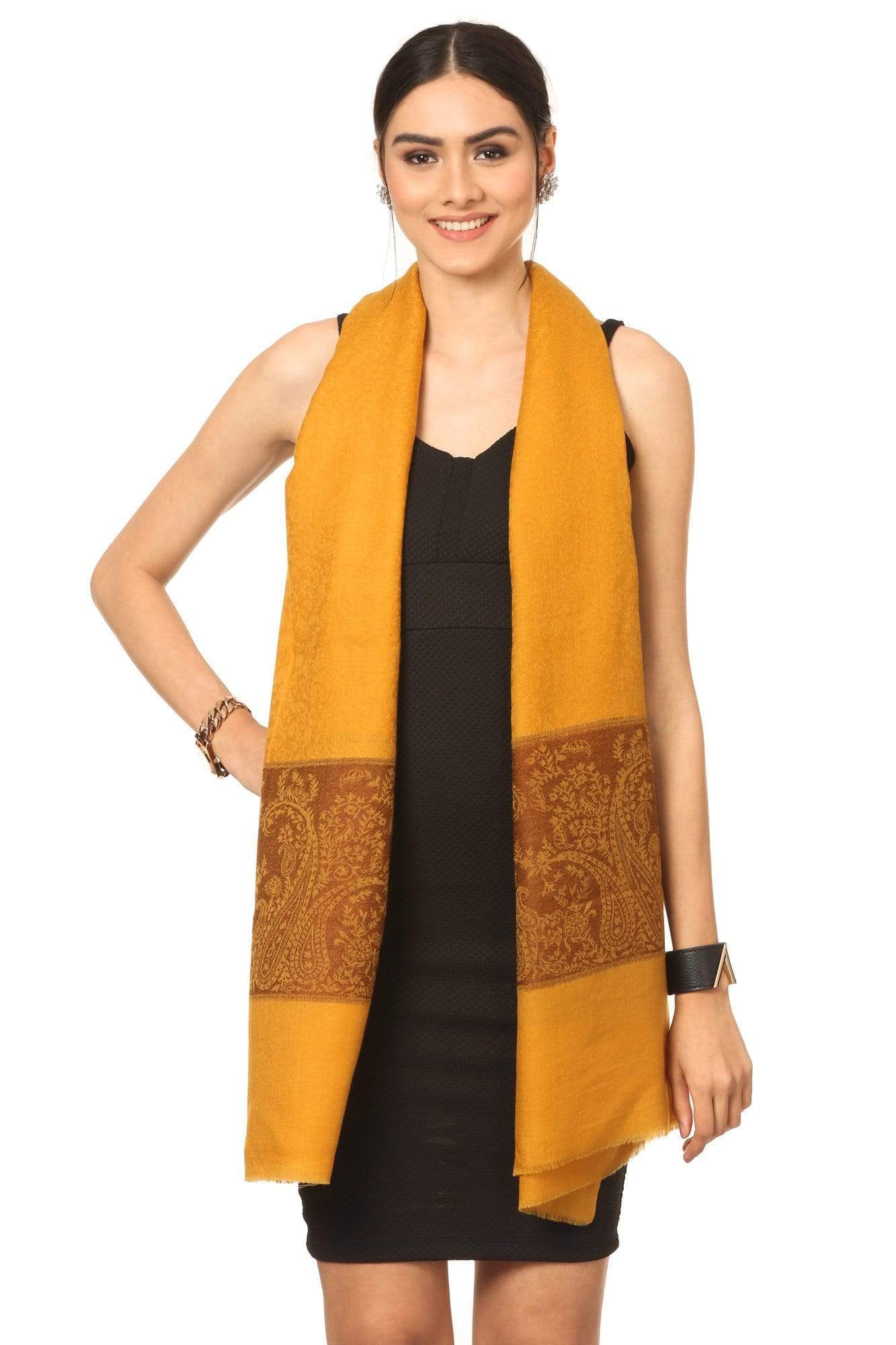Pashtush India 70x200 Pashtush Fine Wool Luxury Paisley Design Scarf, Stole, Weaving Design - Mustard