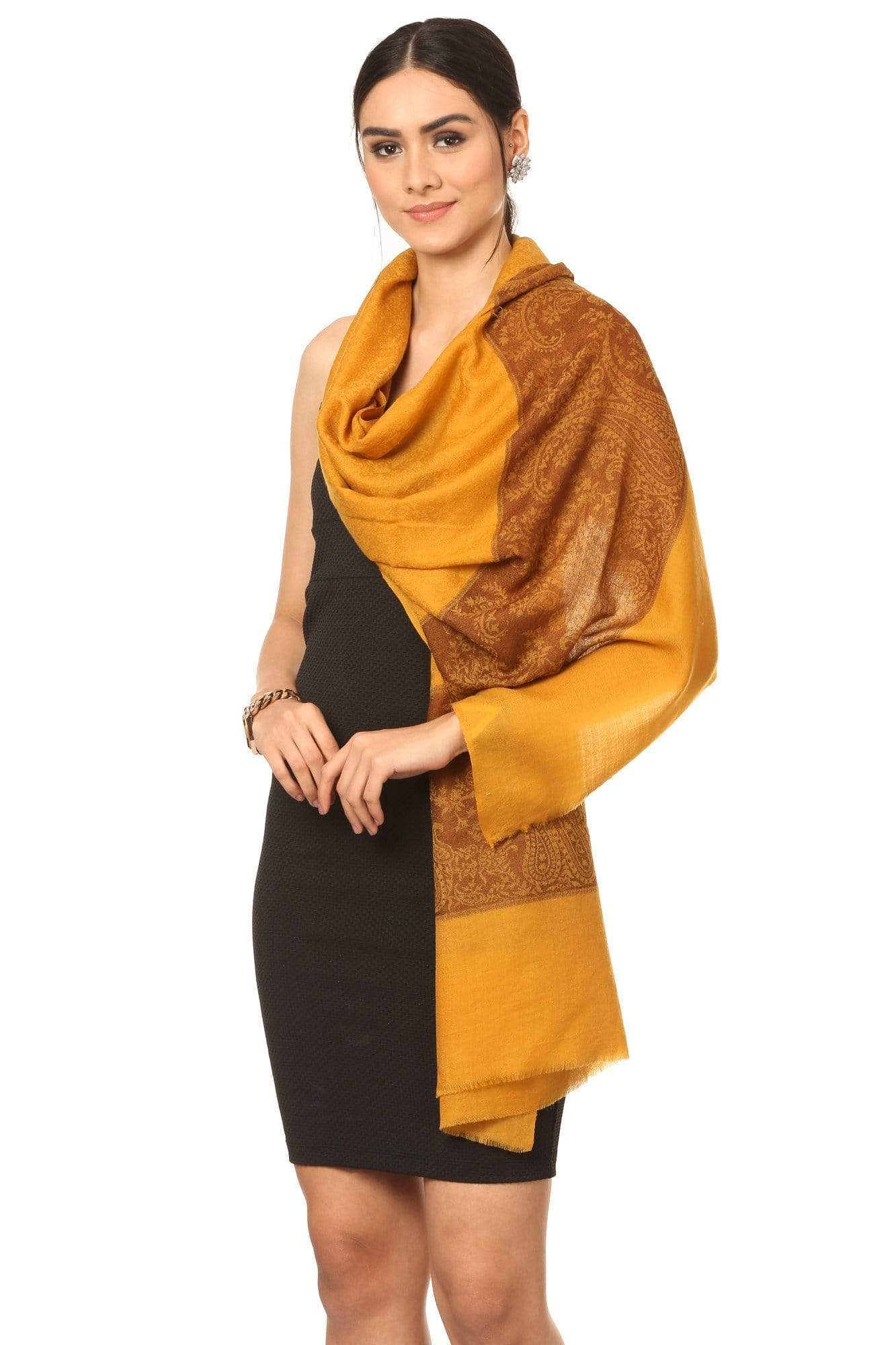 Pashtush India 70x200 Pashtush Fine Wool Luxury Paisley Design Scarf, Stole, Weaving Design - Mustard