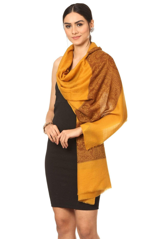 Pashtush India 70x200 Pashtush Fine Wool Luxury Paisley Design Scarf, Stole, Weaving Design - Mustard