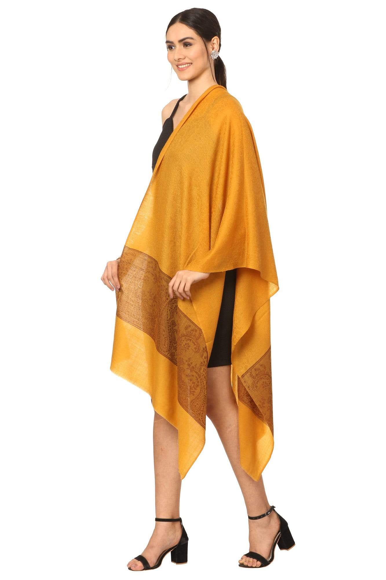 Pashtush India 70x200 Pashtush Fine Wool Luxury Paisley Design Scarf, Stole, Weaving Design - Mustard