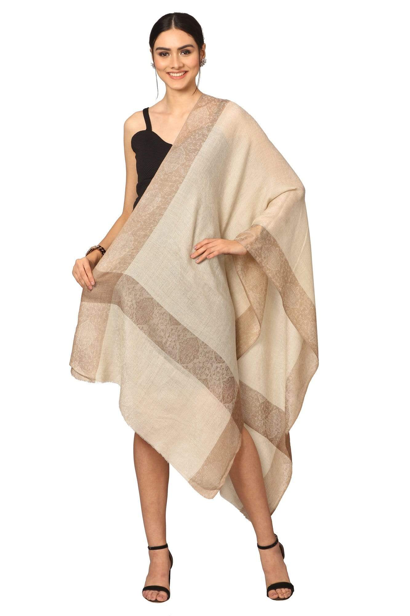 Pashtush India Stole Pashtush Fine Wool Luxury Striped Design Scarf, Stole, Weaving Design - Beige