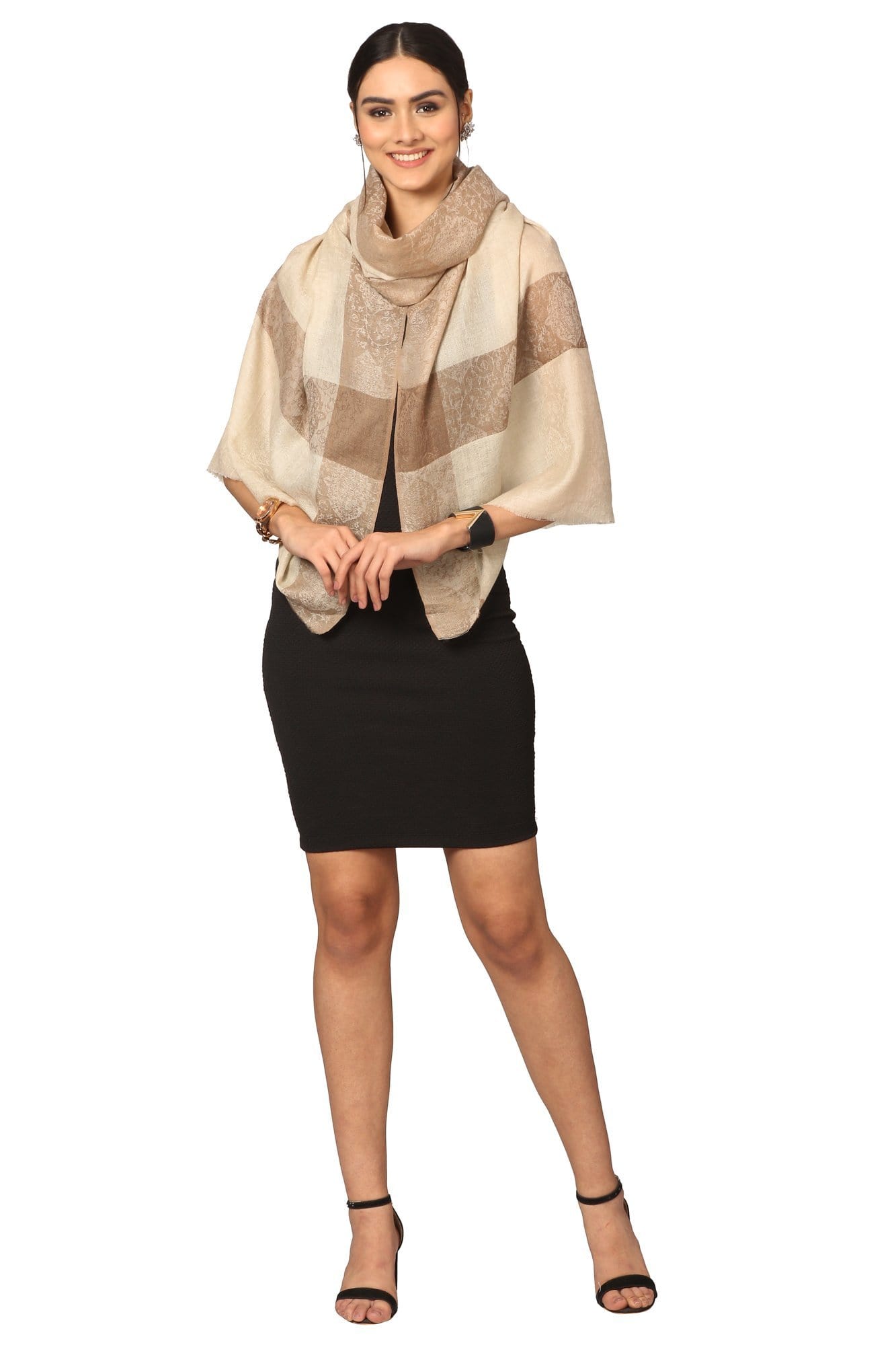 Pashtush India Stole Pashtush Fine Wool Luxury Striped Design Scarf, Stole, Weaving Design - Beige