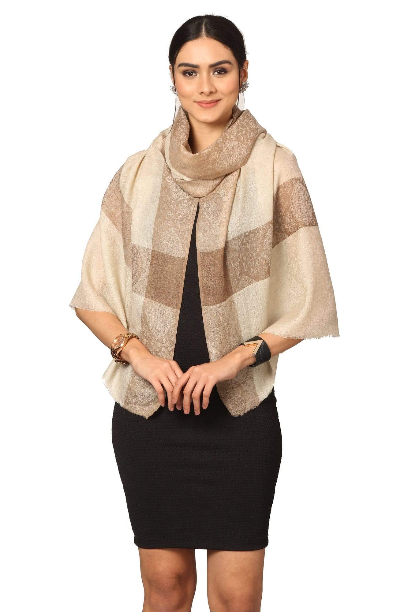 Pashtush India Stole Pashtush Fine Wool Luxury Striped Design Scarf, Stole, Weaving Design - Beige
