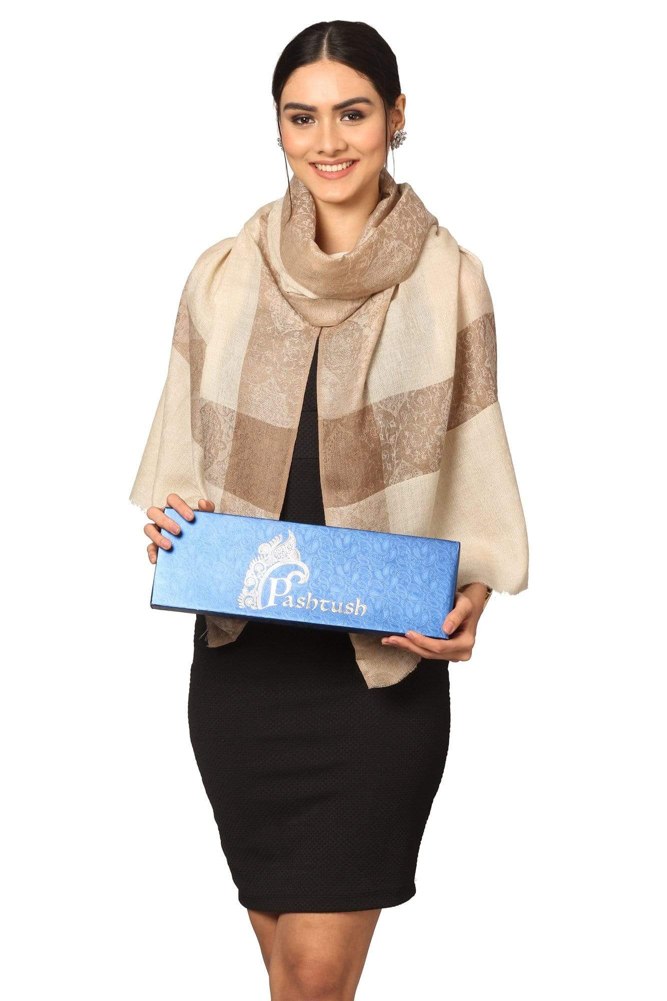 Pashtush India Stole Pashtush Fine Wool Luxury Striped Design Scarf, Stole, Weaving Design - Beige