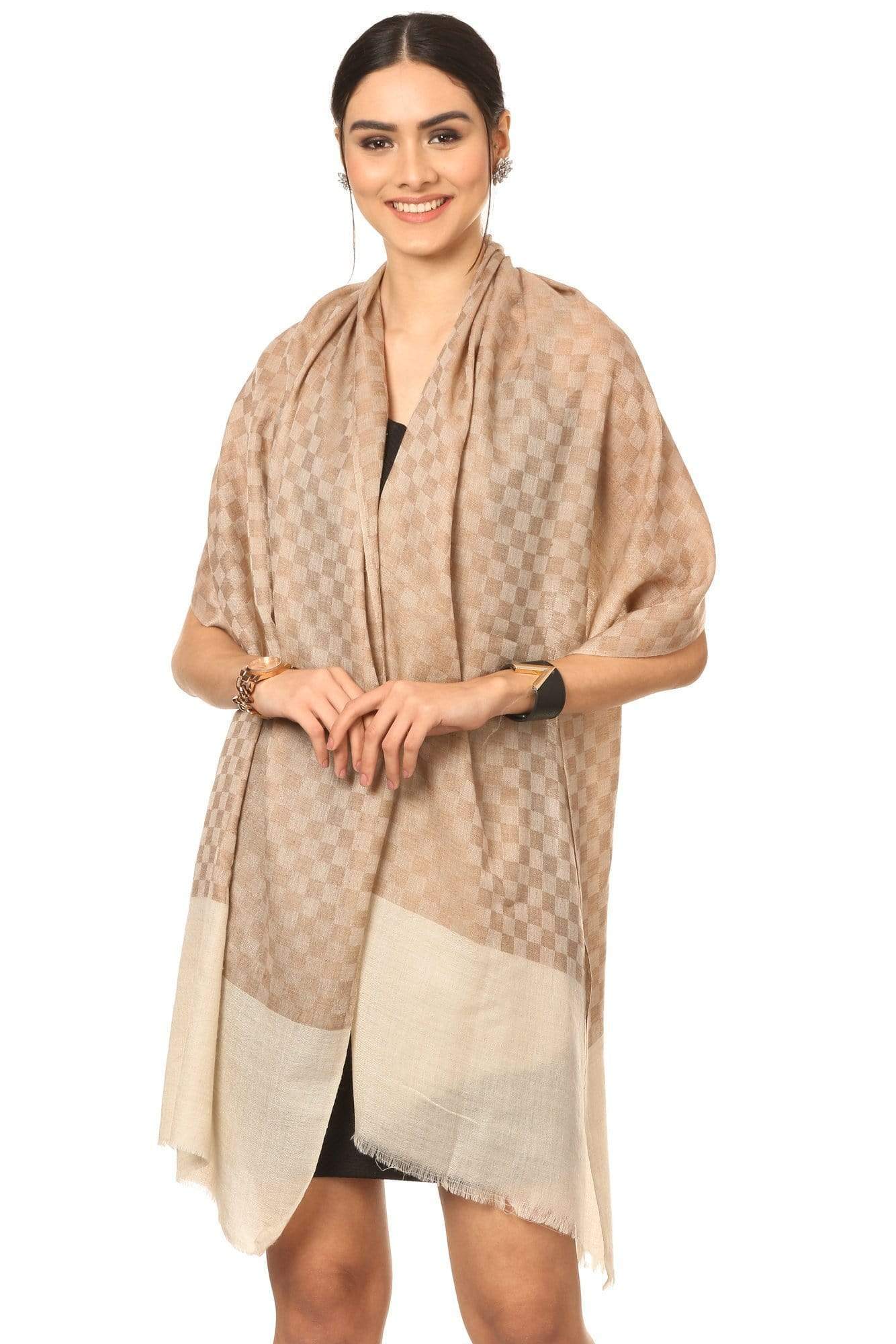 Pashtush India 70x200 Pashtush Fine Wool Luxury Striped Design Scarf, Stole, Weaving Design - Beige