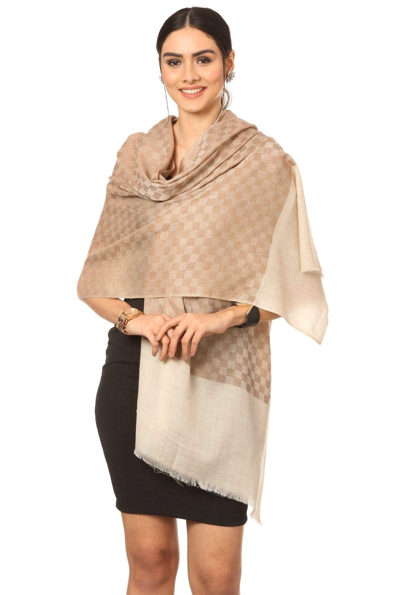 Pashtush India 70x200 Pashtush Fine Wool Luxury Striped Design Scarf, Stole, Weaving Design - Beige