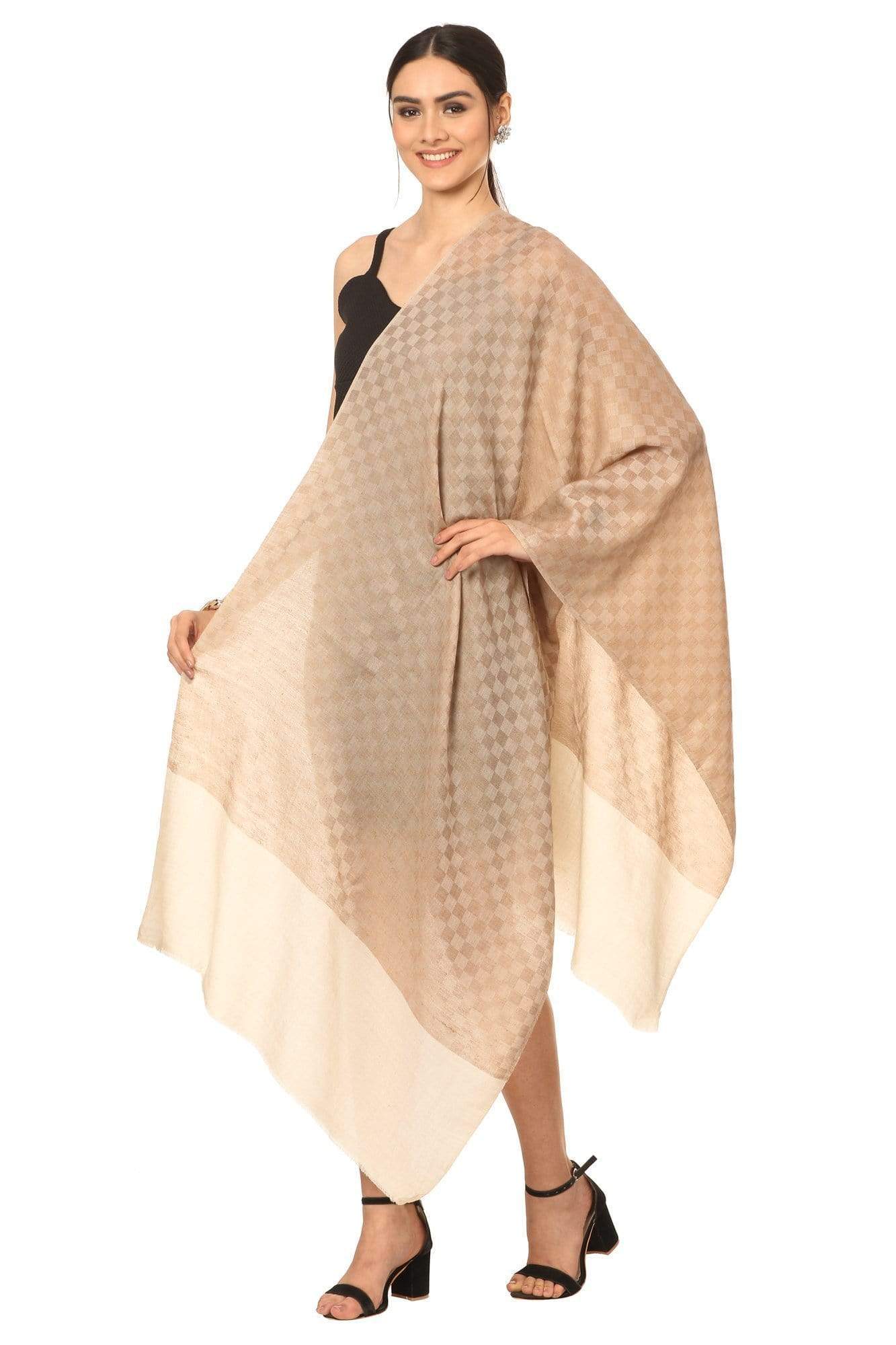Pashtush India 70x200 Pashtush Fine Wool Luxury Striped Design Scarf, Stole, Weaving Design - Beige