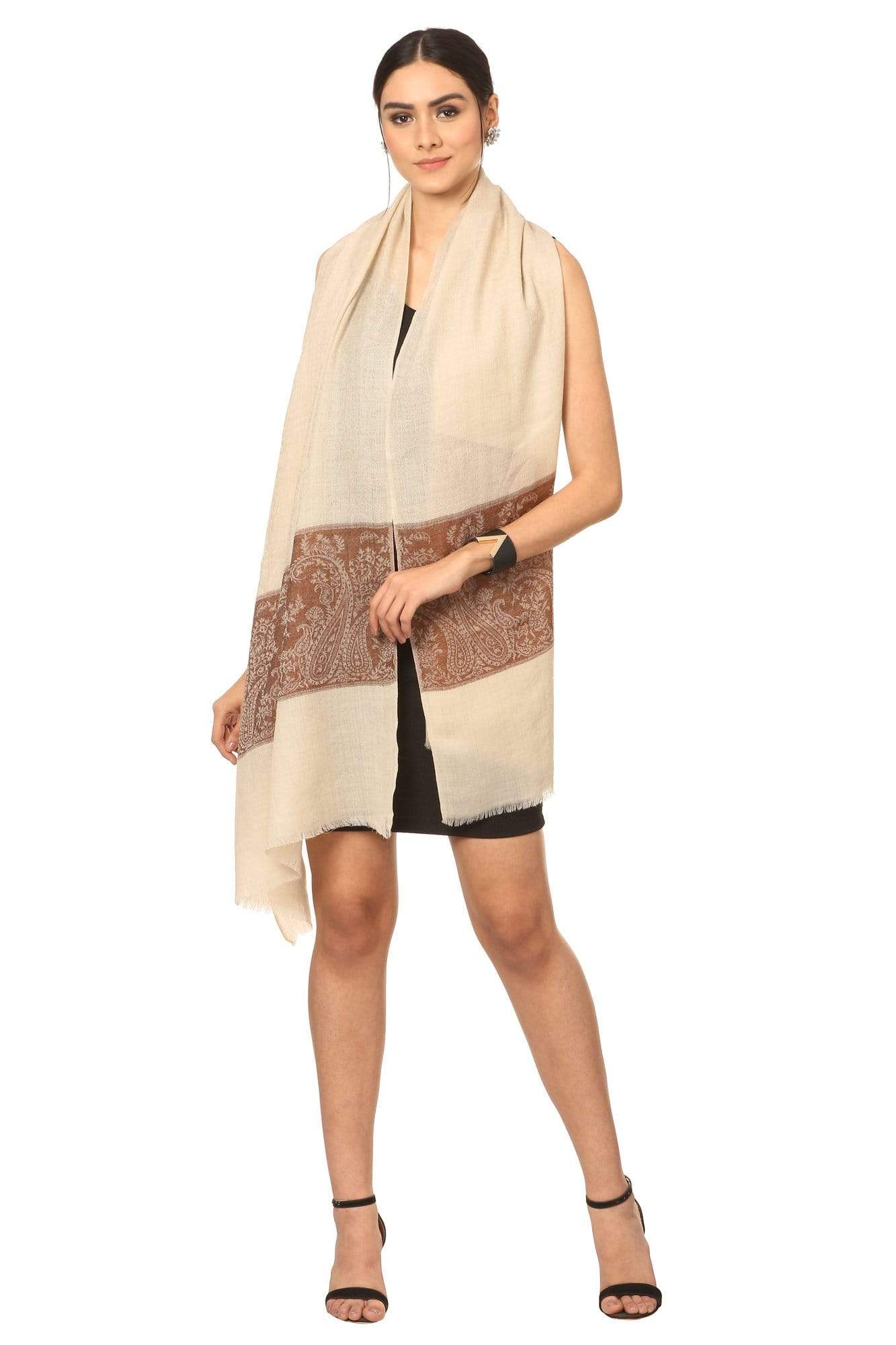 Pashtush India Stole Pashtush Fine Wool Luxury Striped Design Scarf, Stole, Weaving Design - Coffee