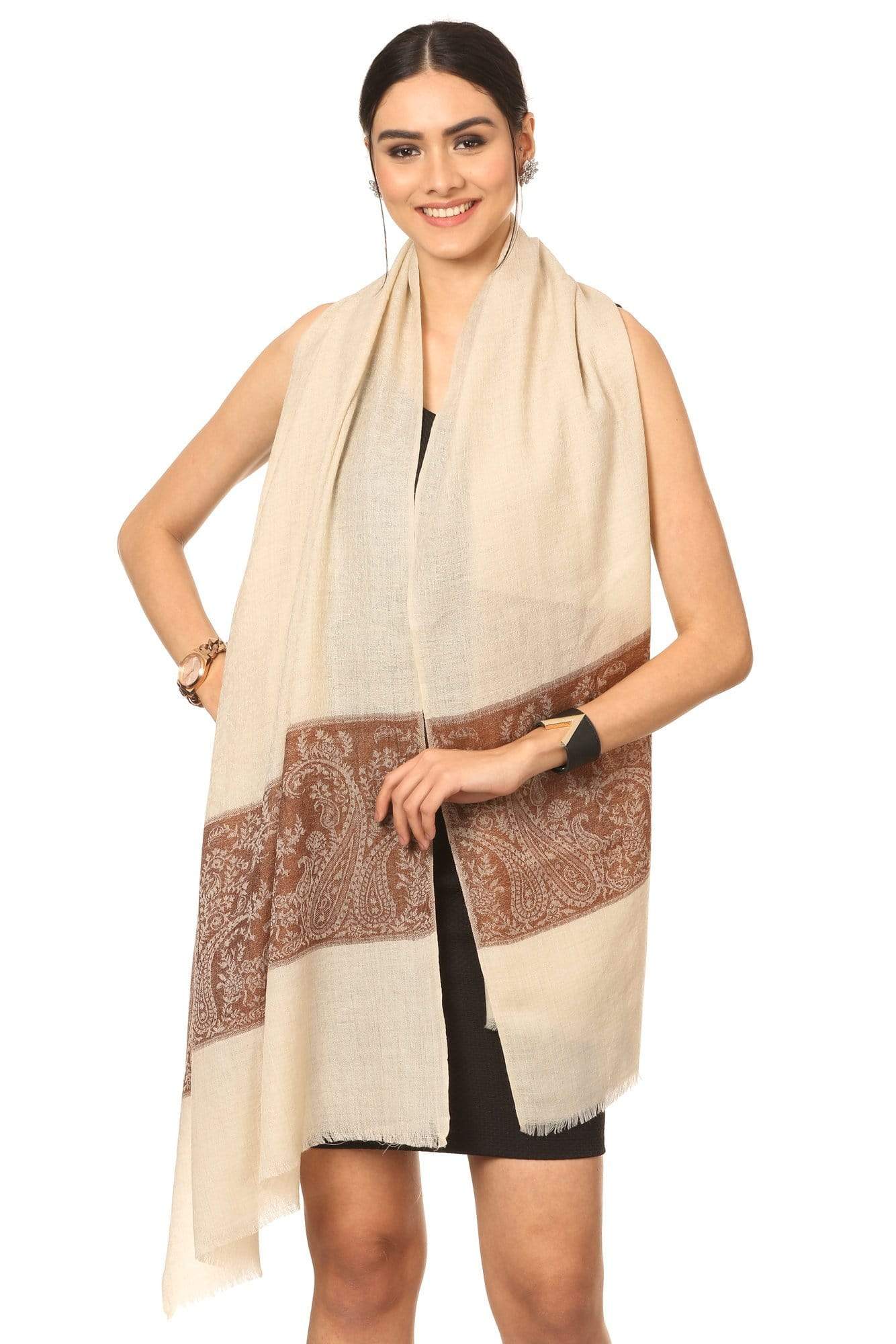 Pashtush India Stole Pashtush Fine Wool Luxury Striped Design Scarf, Stole, Weaving Design - Coffee