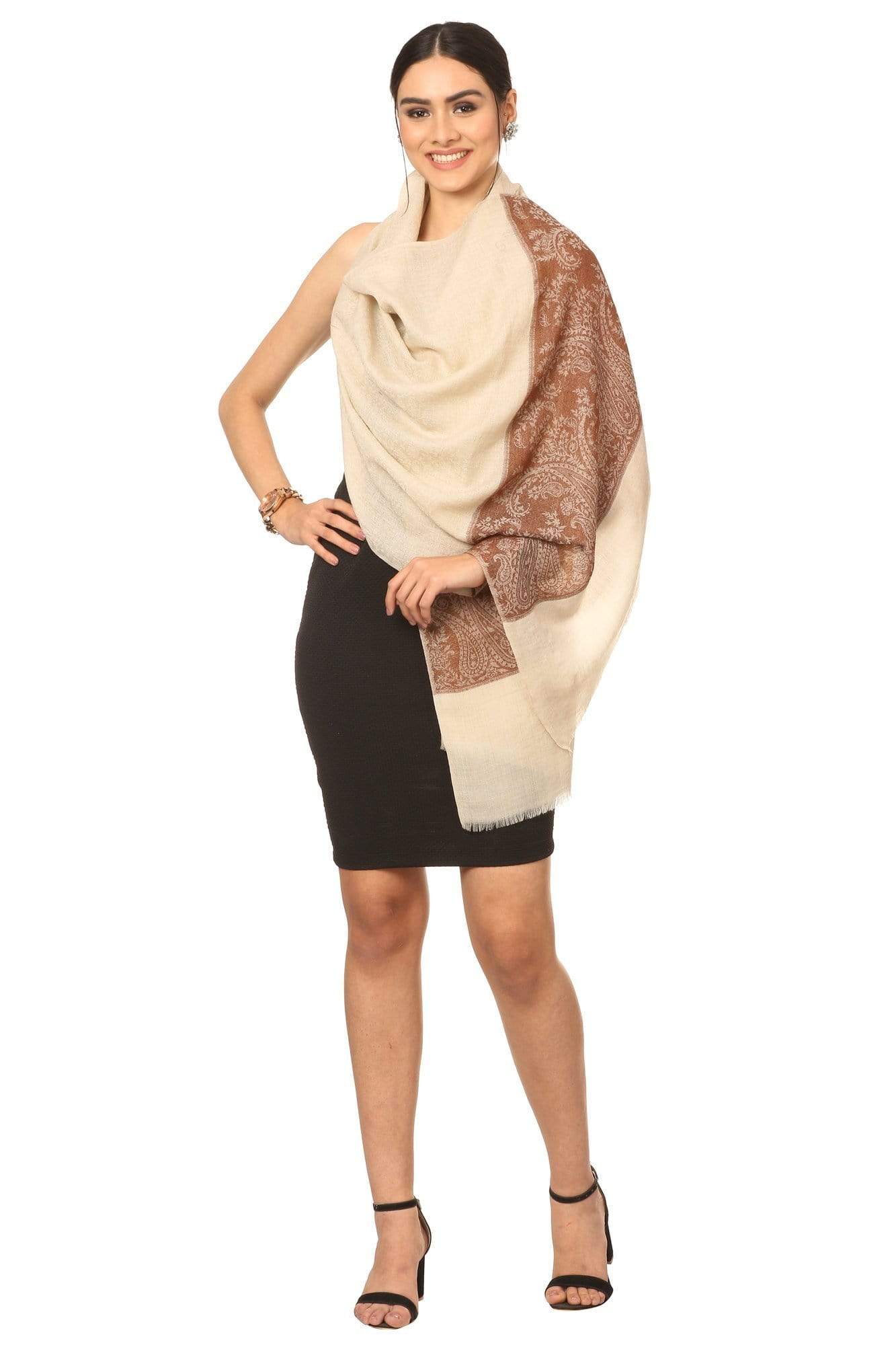 Pashtush India Stole Pashtush Fine Wool Luxury Striped Design Scarf, Stole, Weaving Design - Coffee