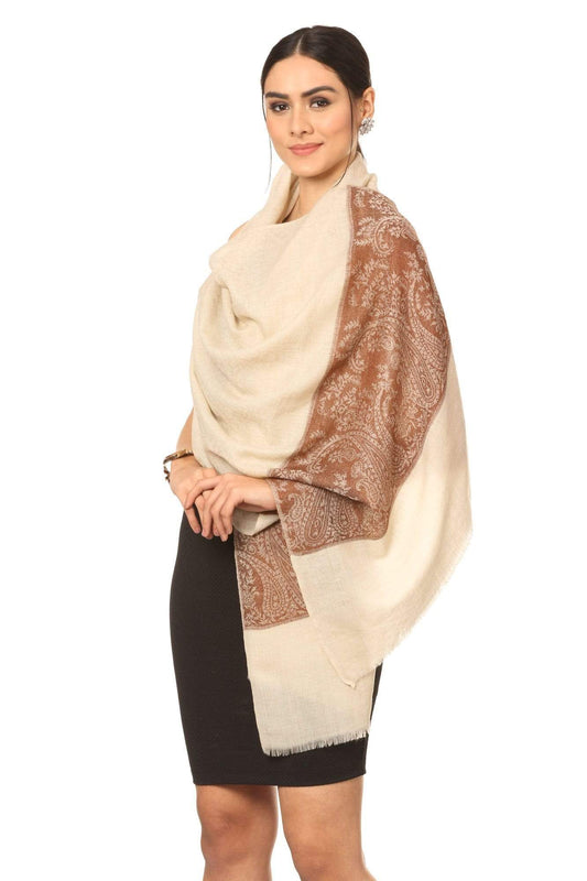 Pashtush India Stole Pashtush Fine Wool Luxury Striped Design Scarf, Stole, Weaving Design - Coffee