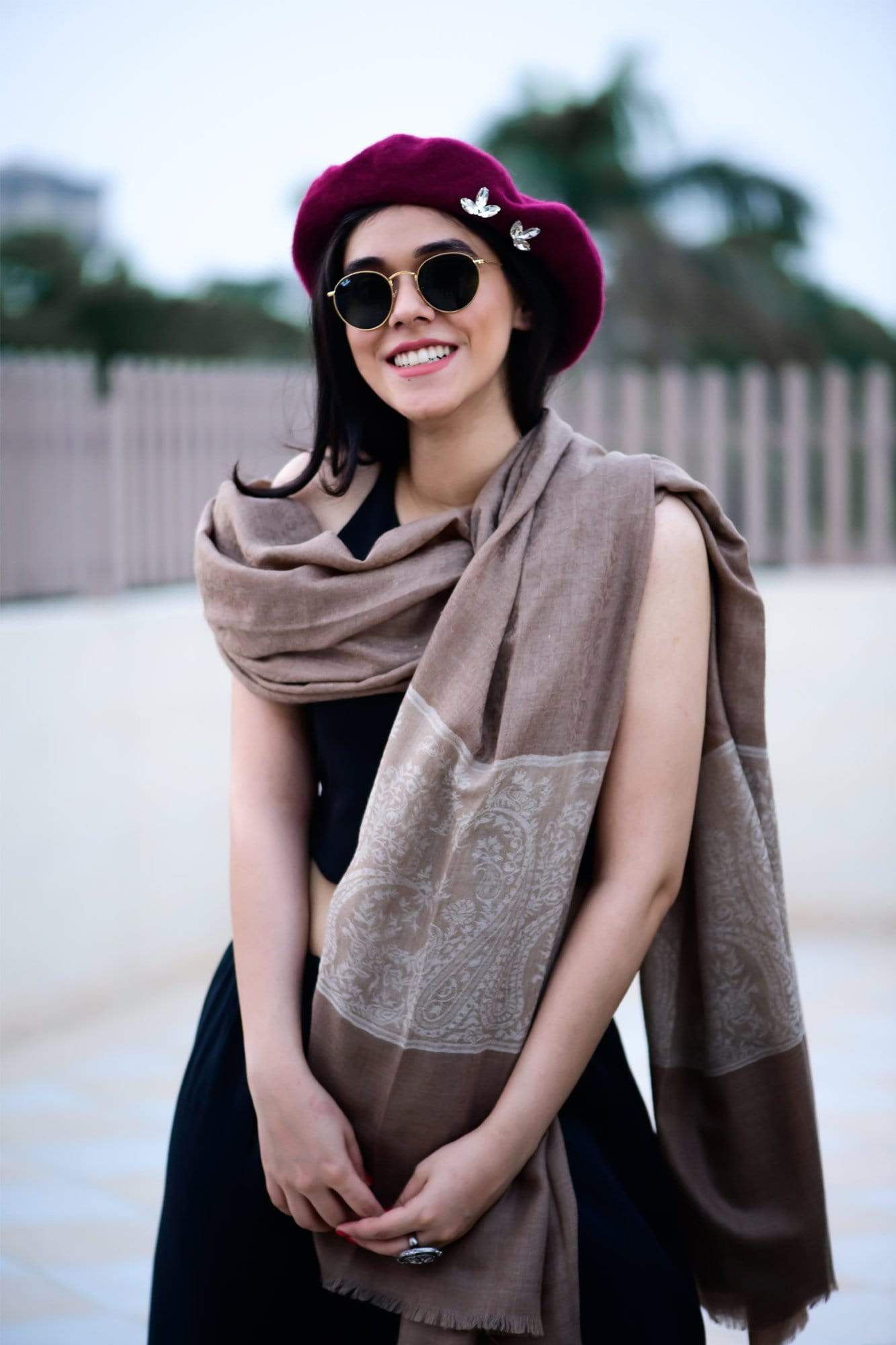 Pashtush India Stole Pashtush Fine Wool Luxury Striped Design Scarf, Stole, Weaving Design - Coffee