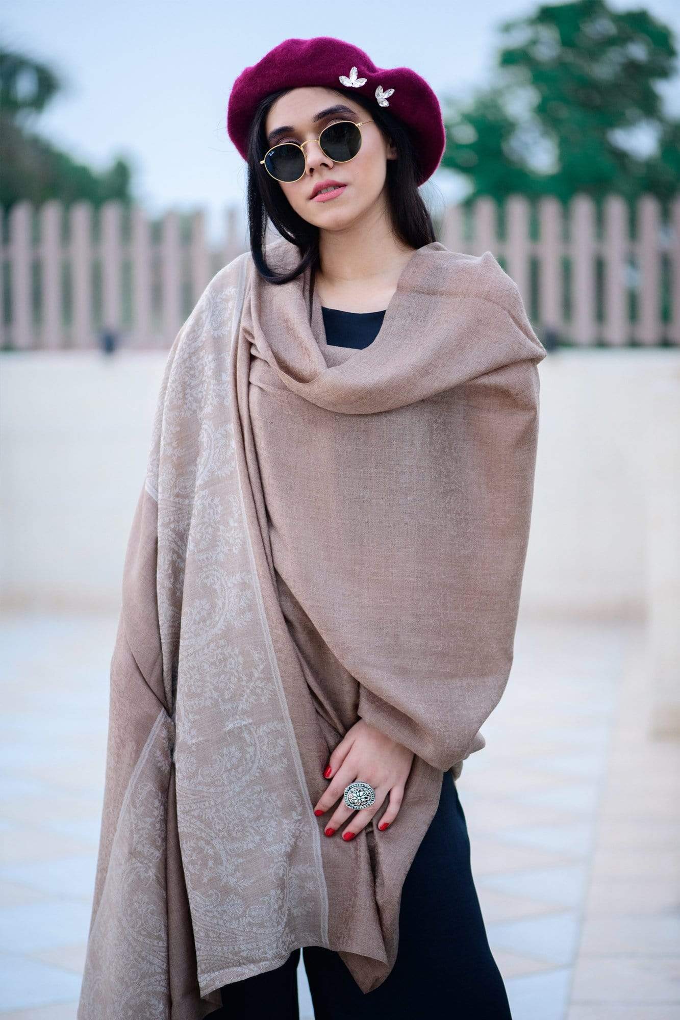 Pashtush India Stole Pashtush Fine Wool Luxury Striped Design Scarf, Stole, Weaving Design - Coffee