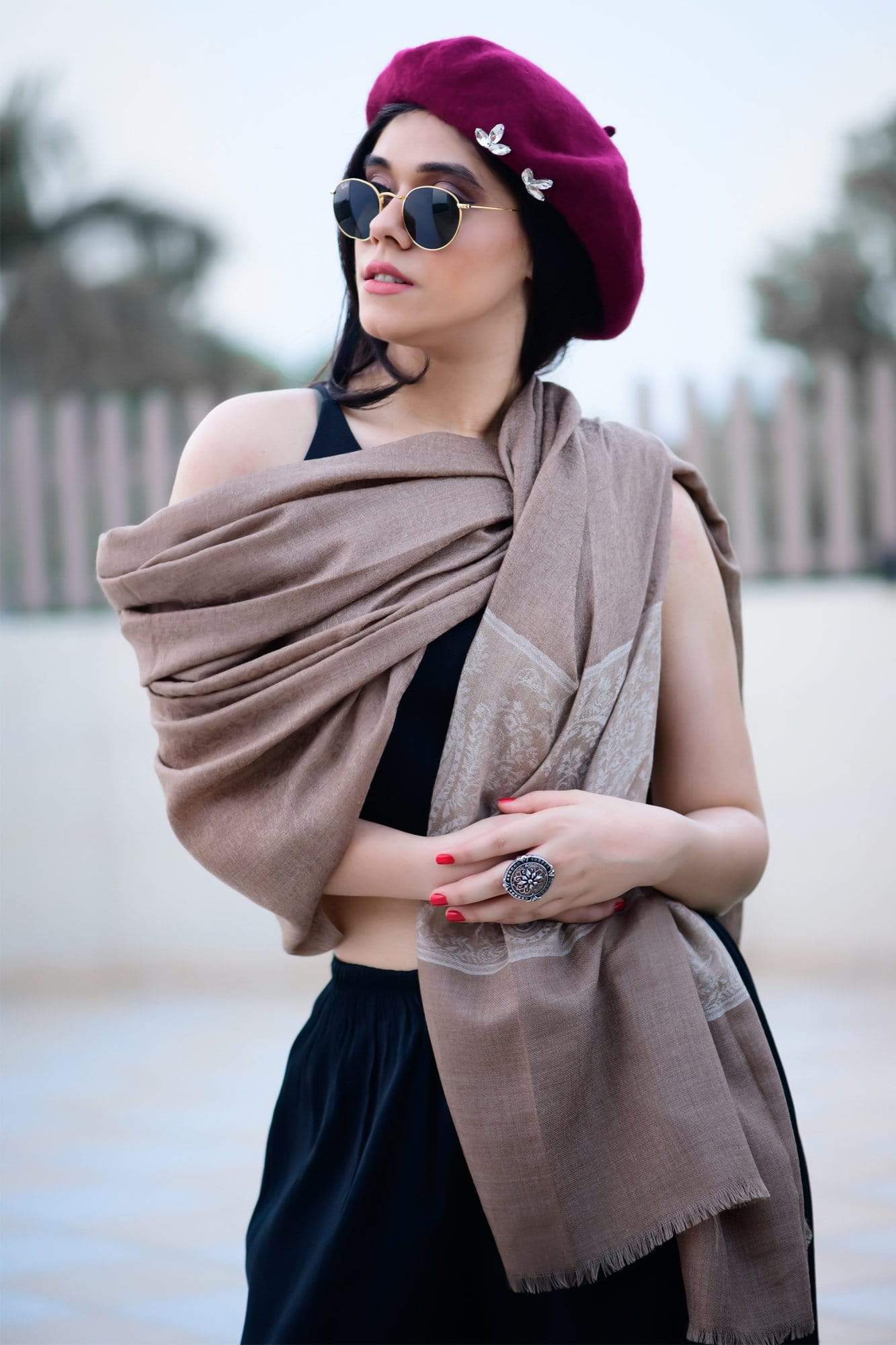 Pashtush India Stole Pashtush Fine Wool Luxury Striped Design Scarf, Stole, Weaving Design - Coffee