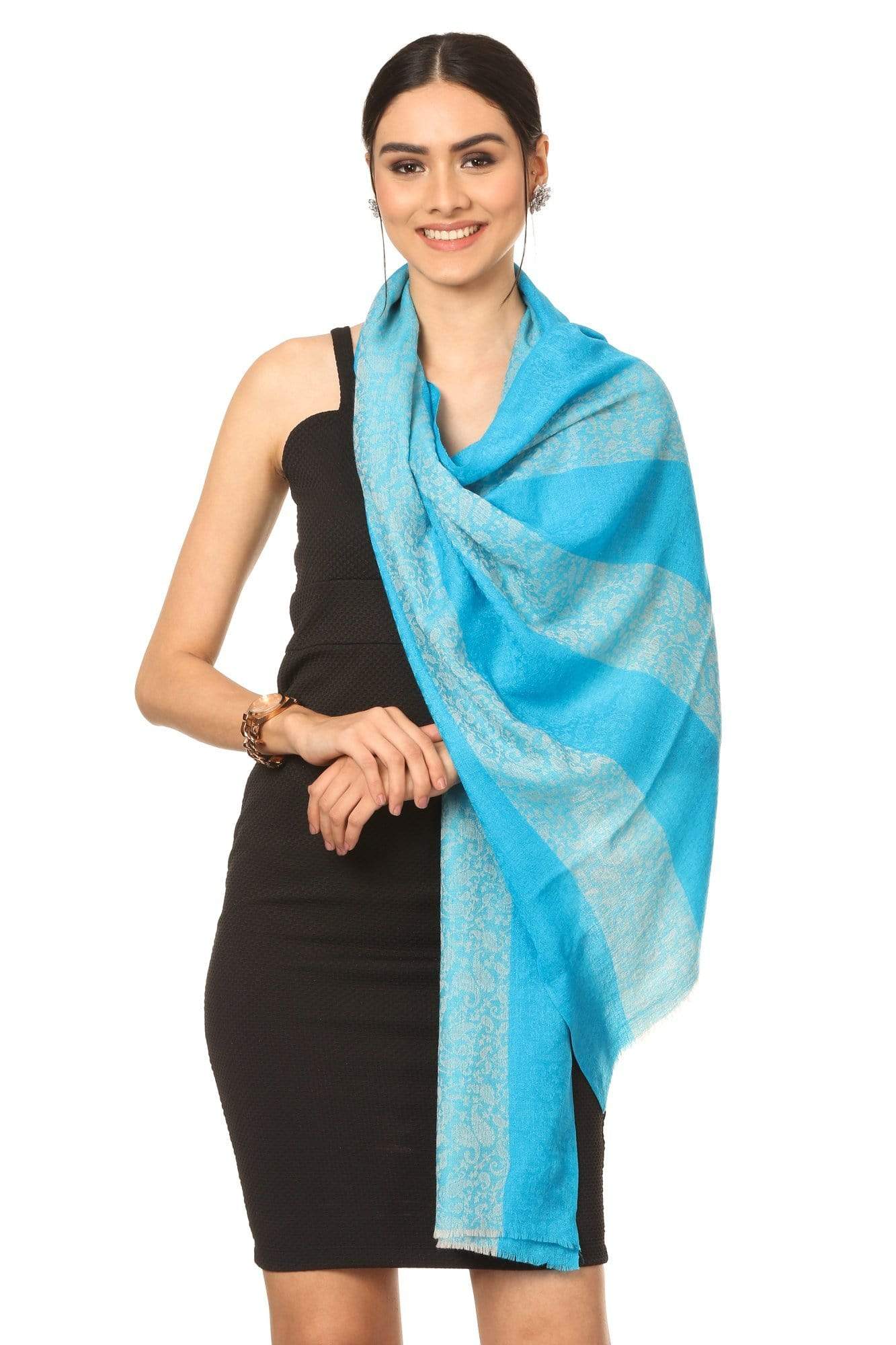 Pashtush India Stole Pashtush Fine Wool Luxury Striped Design Scarf, Stole, Weaving Design - Ferozi