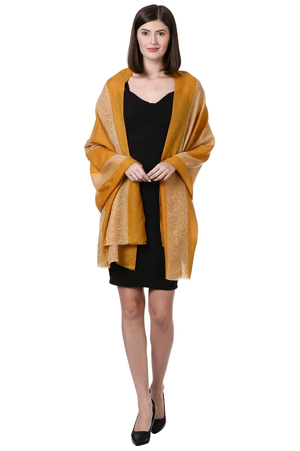 Pashtush India Stole Pashtush Fine Wool Luxury Striped Design Scarf, Stole, Weaving Design - Mustard