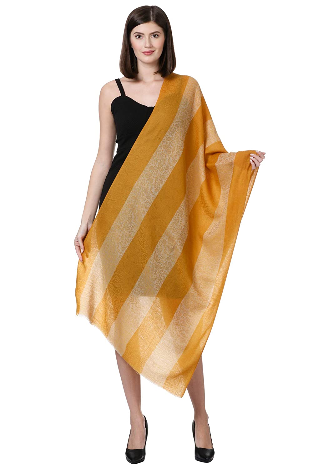 Pashtush India Stole Pashtush Fine Wool Luxury Striped Design Scarf, Stole, Weaving Design - Mustard
