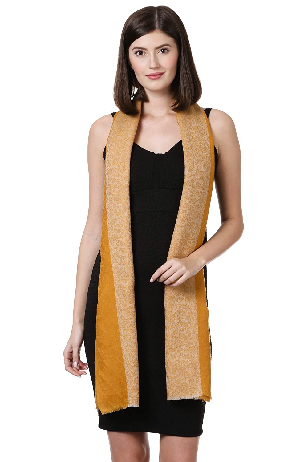 Pashtush India Stole Pashtush Fine Wool Luxury Striped Design Scarf, Stole, Weaving Design - Mustard