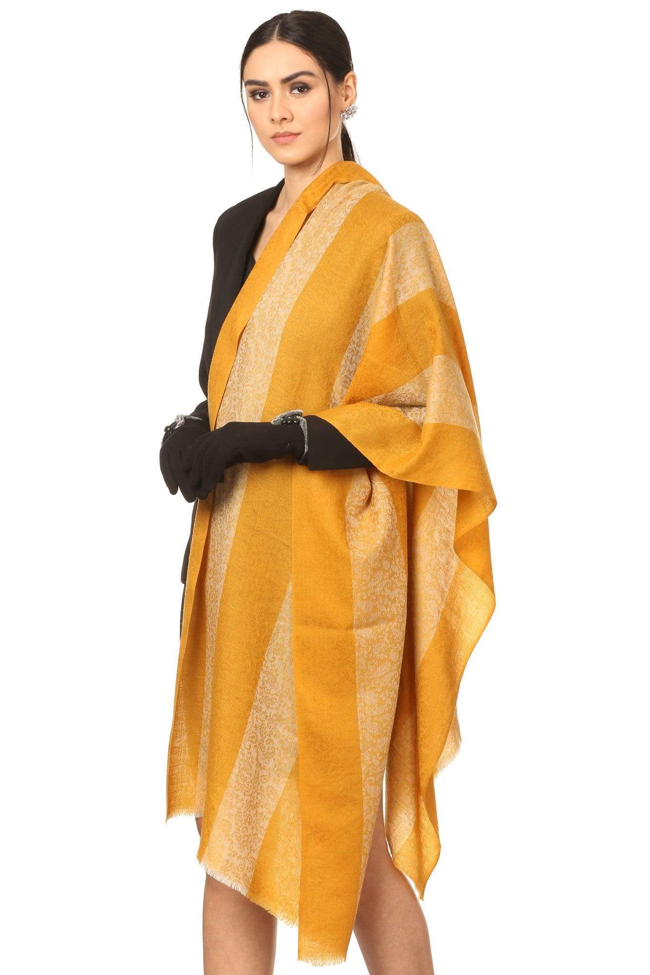 Pashtush India 70x200 Pashtush Fine Wool Luxury Striped Design Scarf, Stole, Weaving Design - Mustard