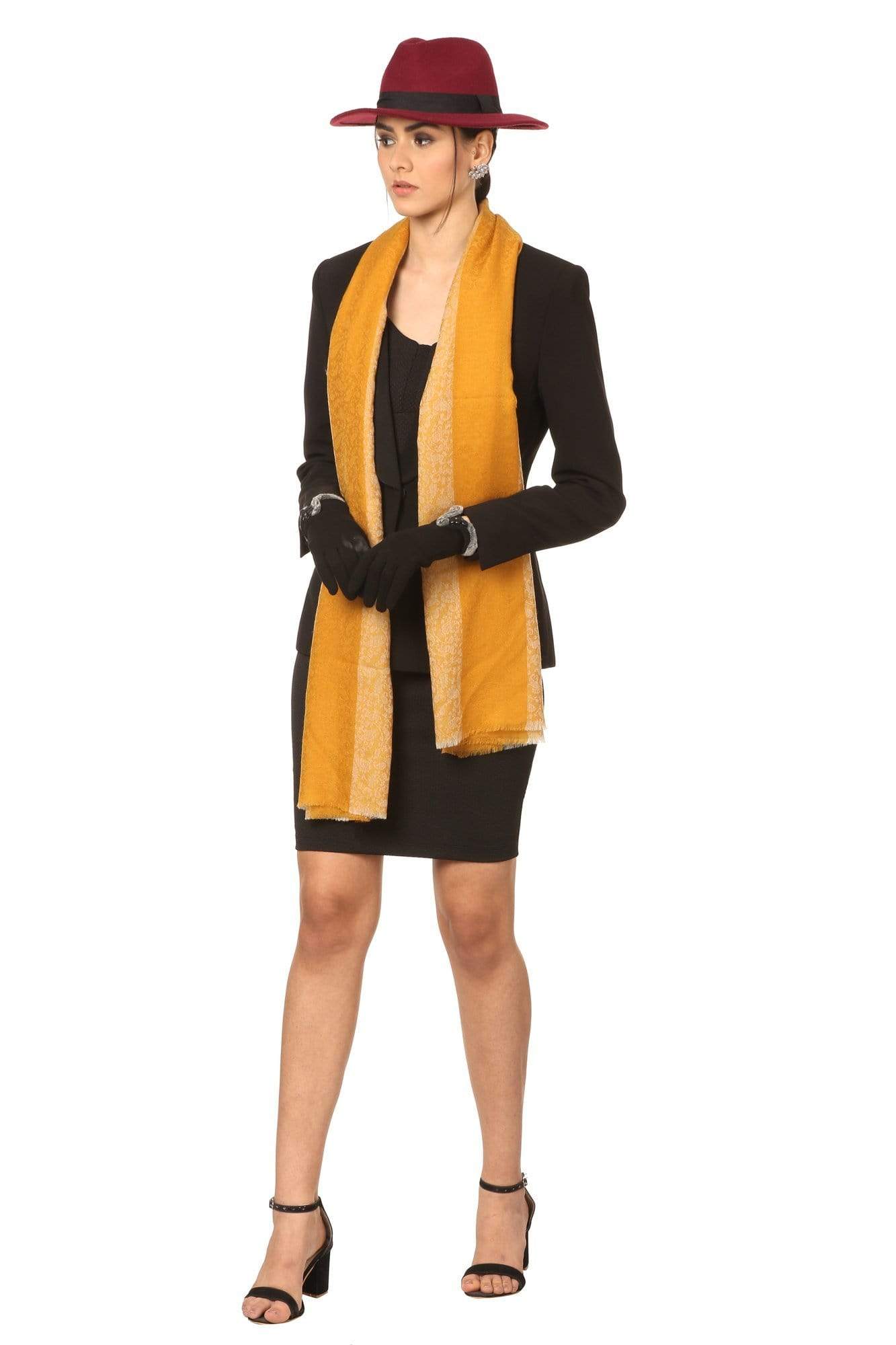 Pashtush India 70x200 Pashtush Fine Wool Luxury Striped Design Scarf, Stole, Weaving Design - Mustard