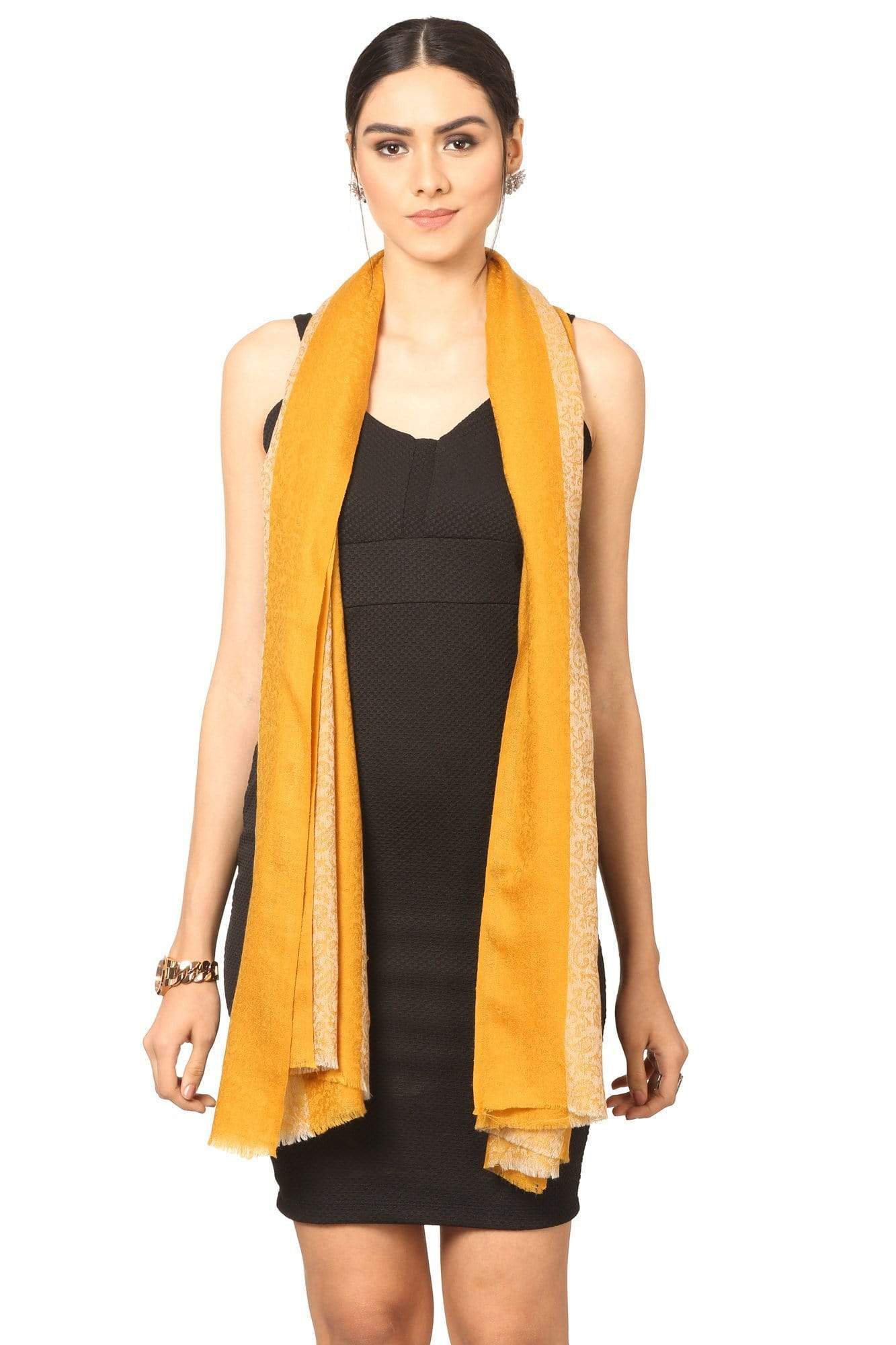 Pashtush India 70x200 Pashtush Fine Wool Luxury Striped Design Scarf, Stole, Weaving Design - Mustard