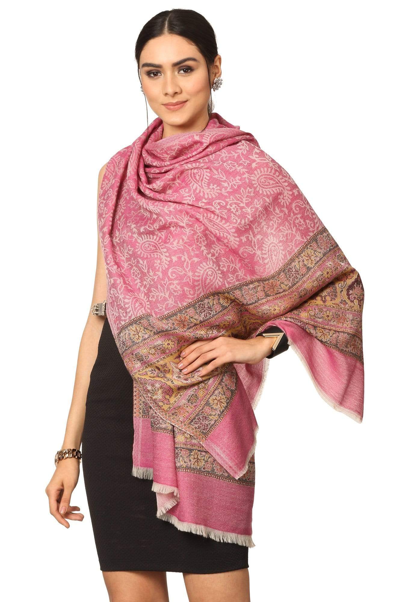 Pashtush India Stole Pashtush Fine Wool Luxury Striped Design Scarf, Stole, Weaving Design - Pink