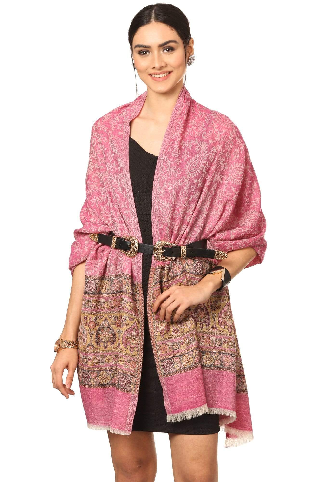 Pashtush India Stole Pashtush Fine Wool Luxury Striped Design Scarf, Stole, Weaving Design - Pink