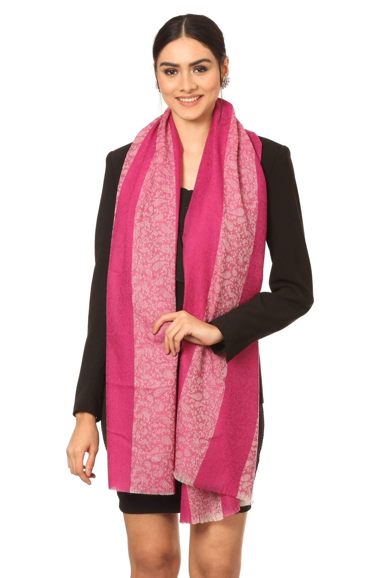 Pashtush India Stole Pashtush Fine Wool Luxury Striped Design Scarf, Stole, Weaving Design - Pink