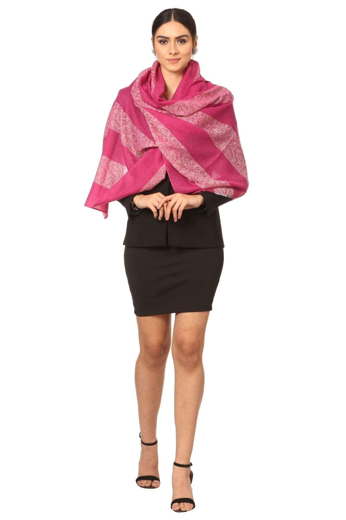 Pashtush India Stole Pashtush Fine Wool Luxury Striped Design Scarf, Stole, Weaving Design - Pink