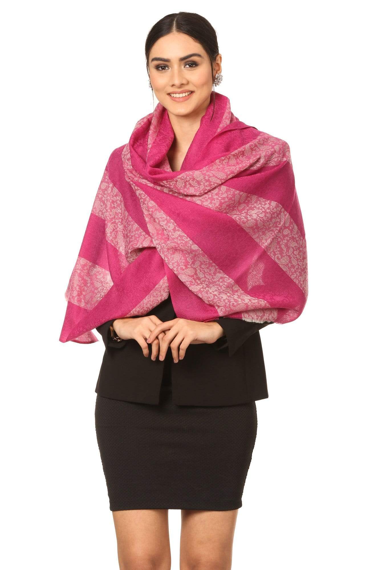 Pashtush India Stole Pashtush Fine Wool Luxury Striped Design Scarf, Stole, Weaving Design - Pink