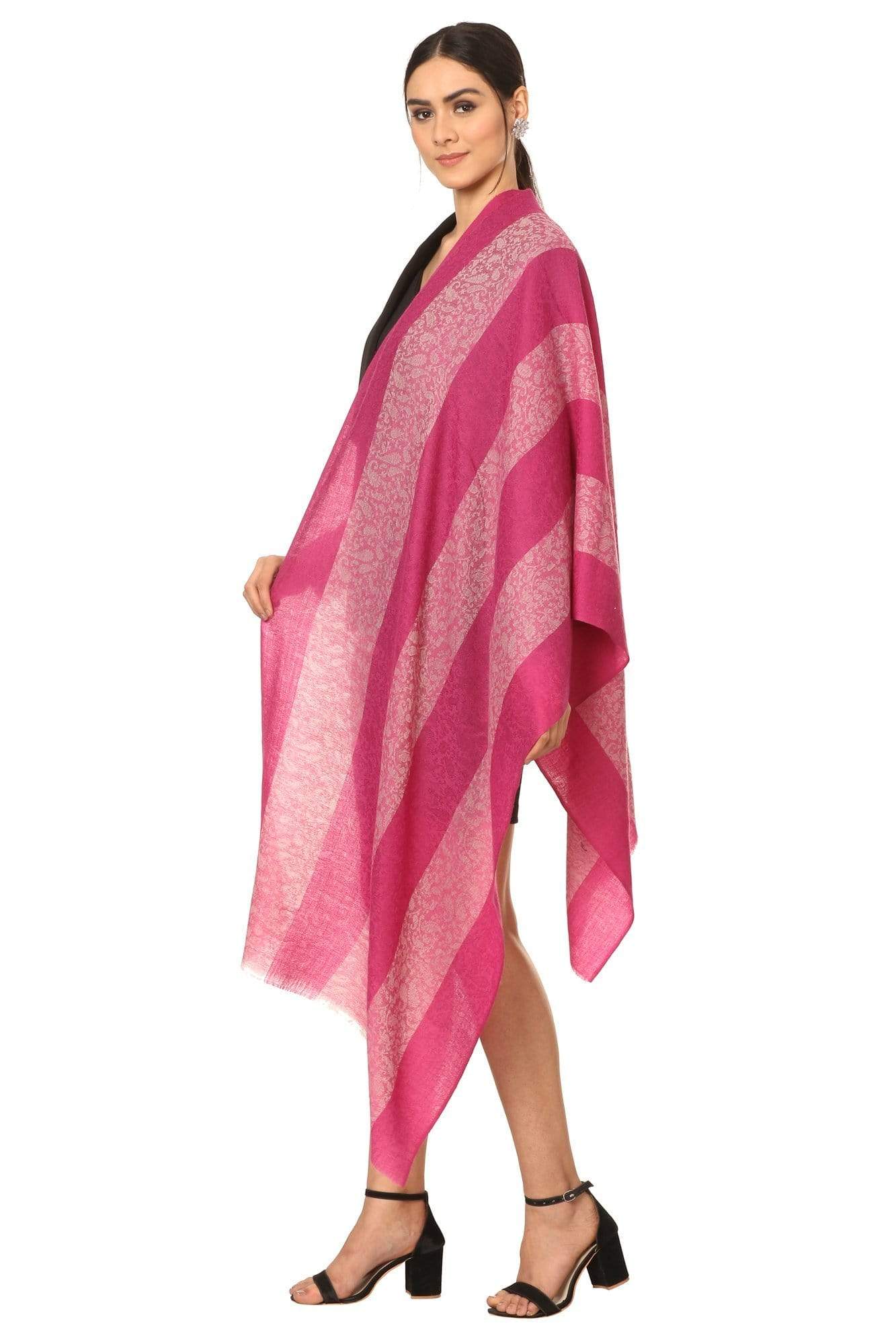 Pashtush India Stole Pashtush Fine Wool Luxury Striped Design Scarf, Stole, Weaving Design - Pink