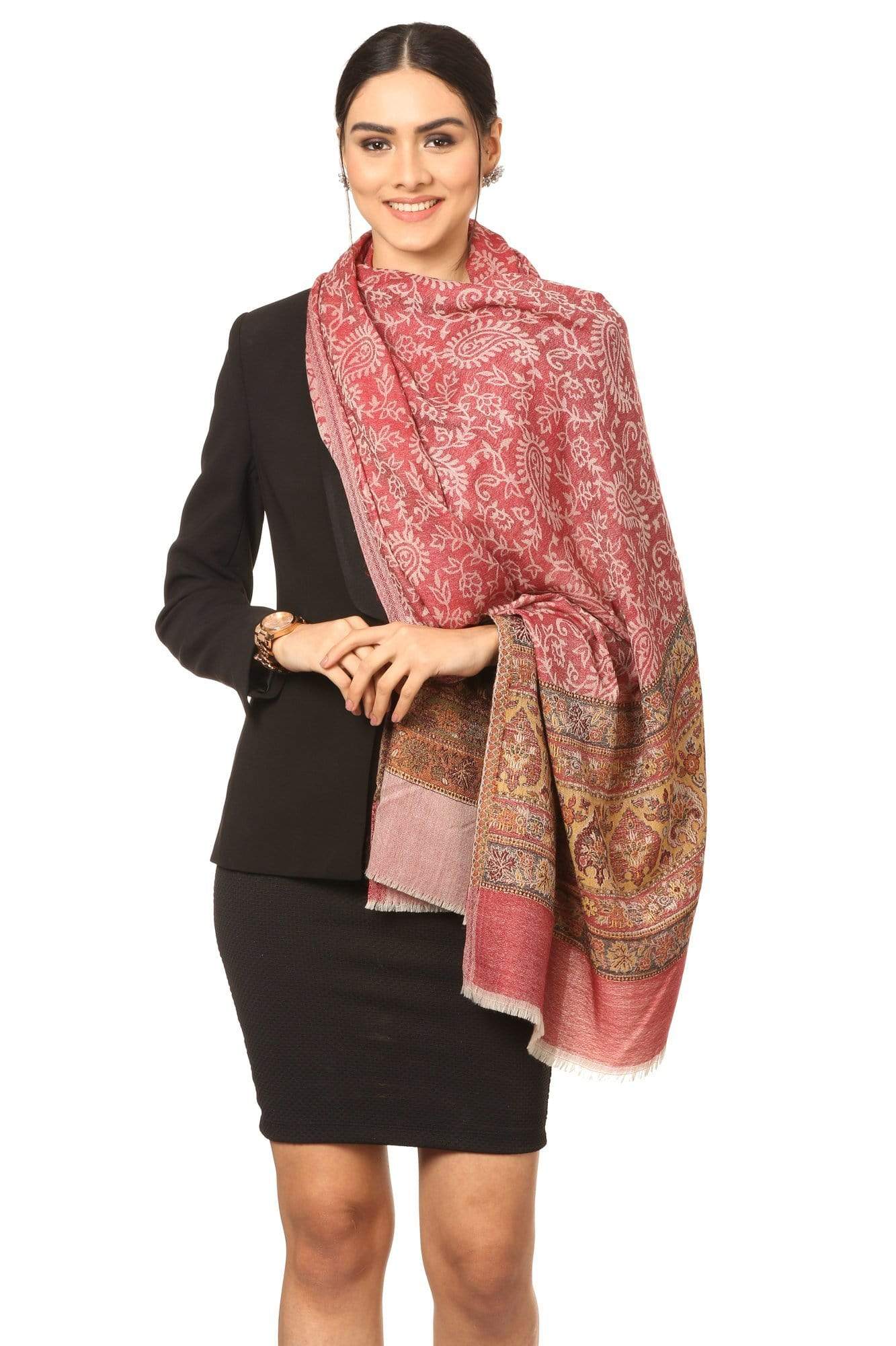 Pashtush India Stole Pashtush Fine Wool Luxury Striped Design Scarf, Stole, Weaving Design - Red