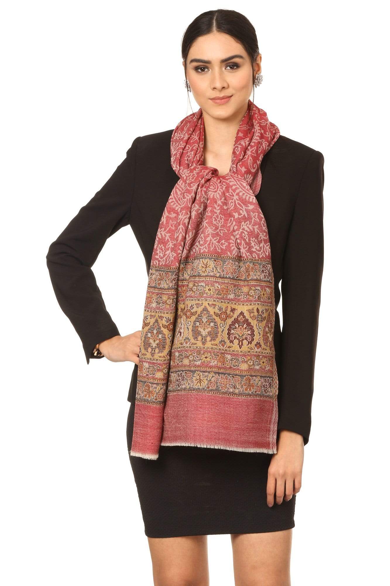 Pashtush India Stole Pashtush Fine Wool Luxury Striped Design Scarf, Stole, Weaving Design - Red