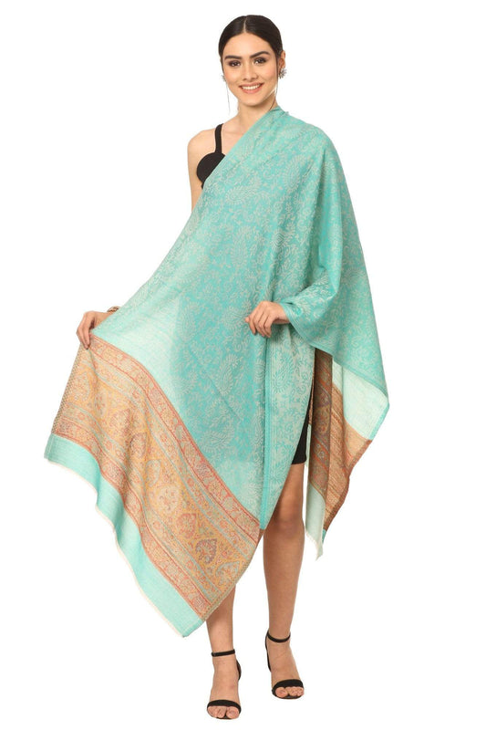 Pashtush India Stole Pashtush Fine Wool Luxury Striped Design Scarf, Stole, Weaving Design - Sea Green