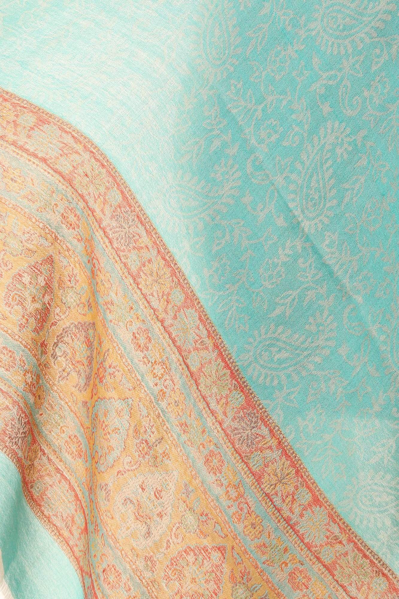 Pashtush India Stole Pashtush Fine Wool Luxury Striped Design Scarf, Stole, Weaving Design - Sea Green