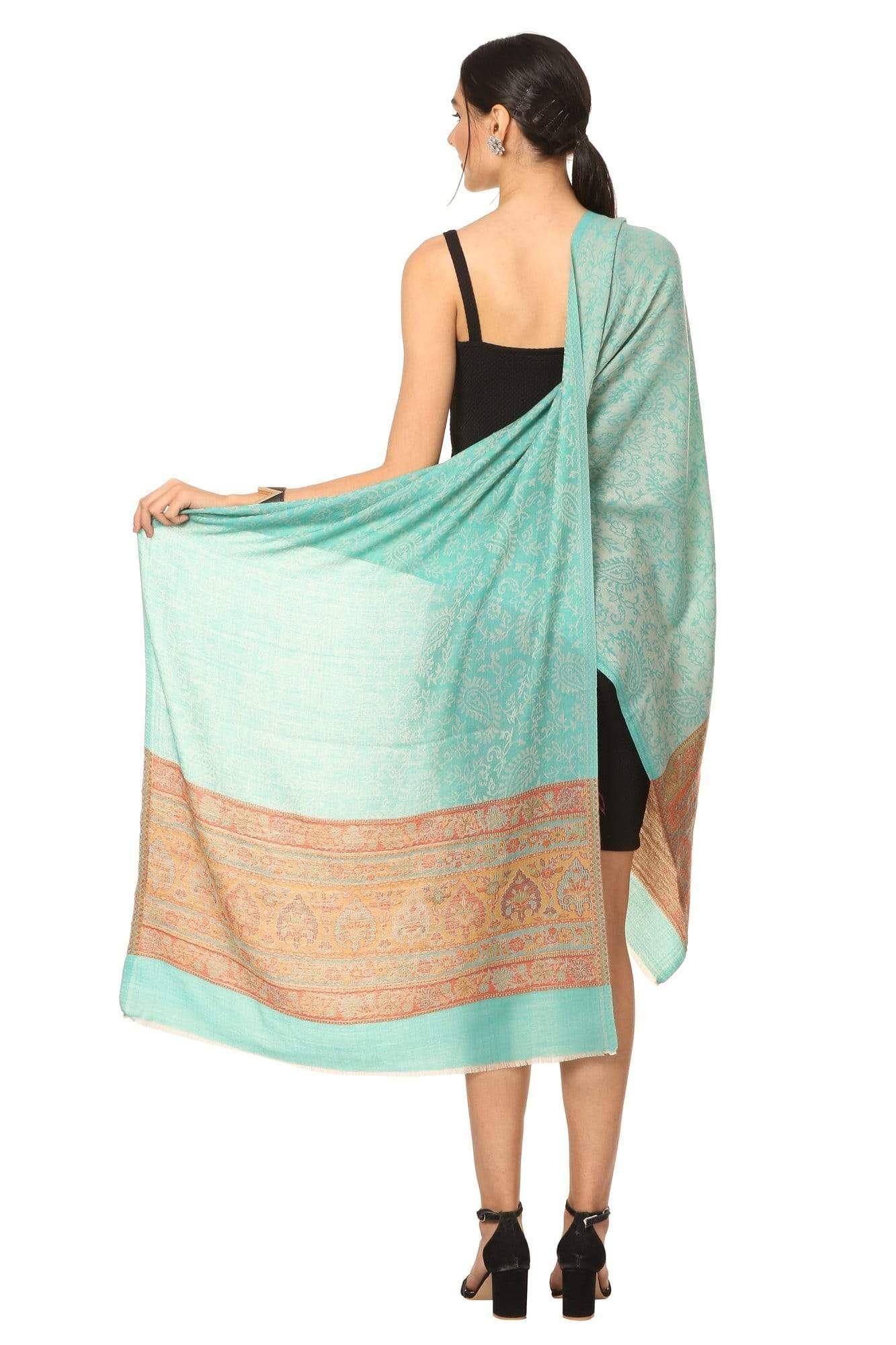Pashtush India Stole Pashtush Fine Wool Luxury Striped Design Scarf, Stole, Weaving Design - Sea Green