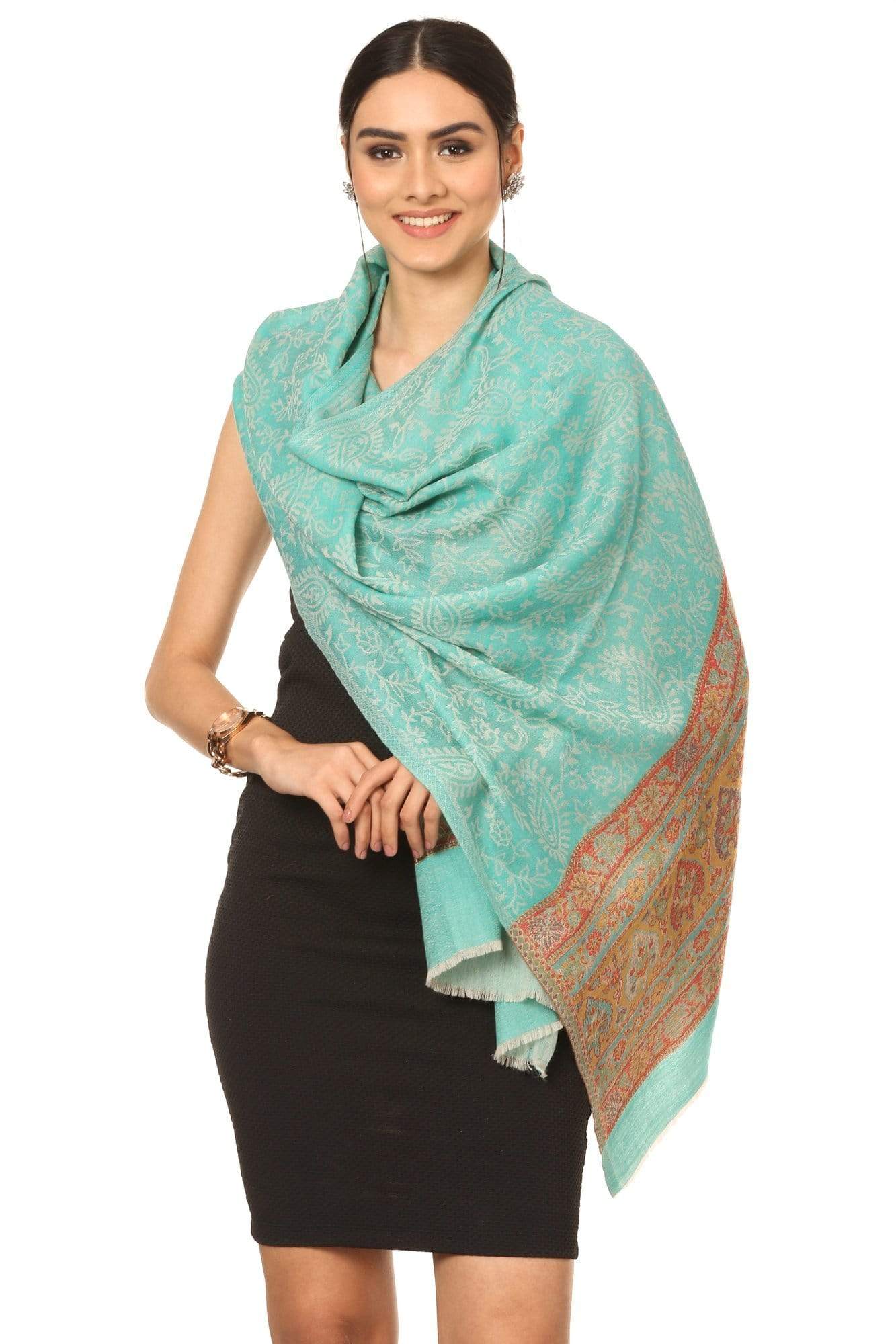 Pashtush India Stole Pashtush Fine Wool Luxury Striped Design Scarf, Stole, Weaving Design - Sea Green