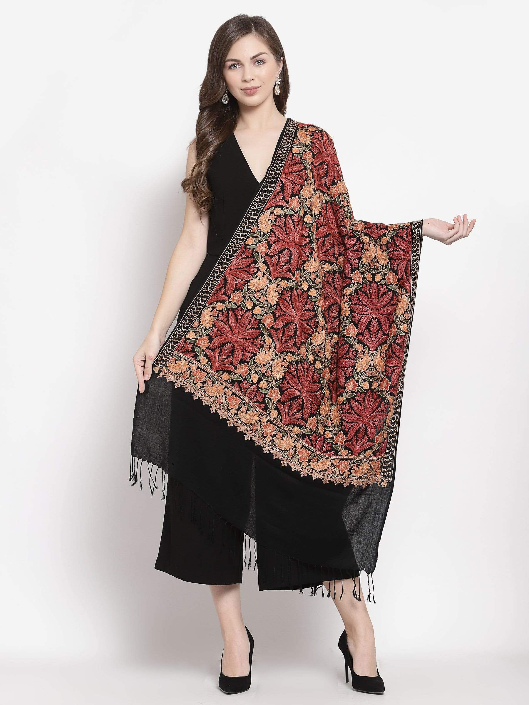 Pashtush India 70x200 Pashtush Kashmiri Aari Embroidery Stole, Fine Wool, Black