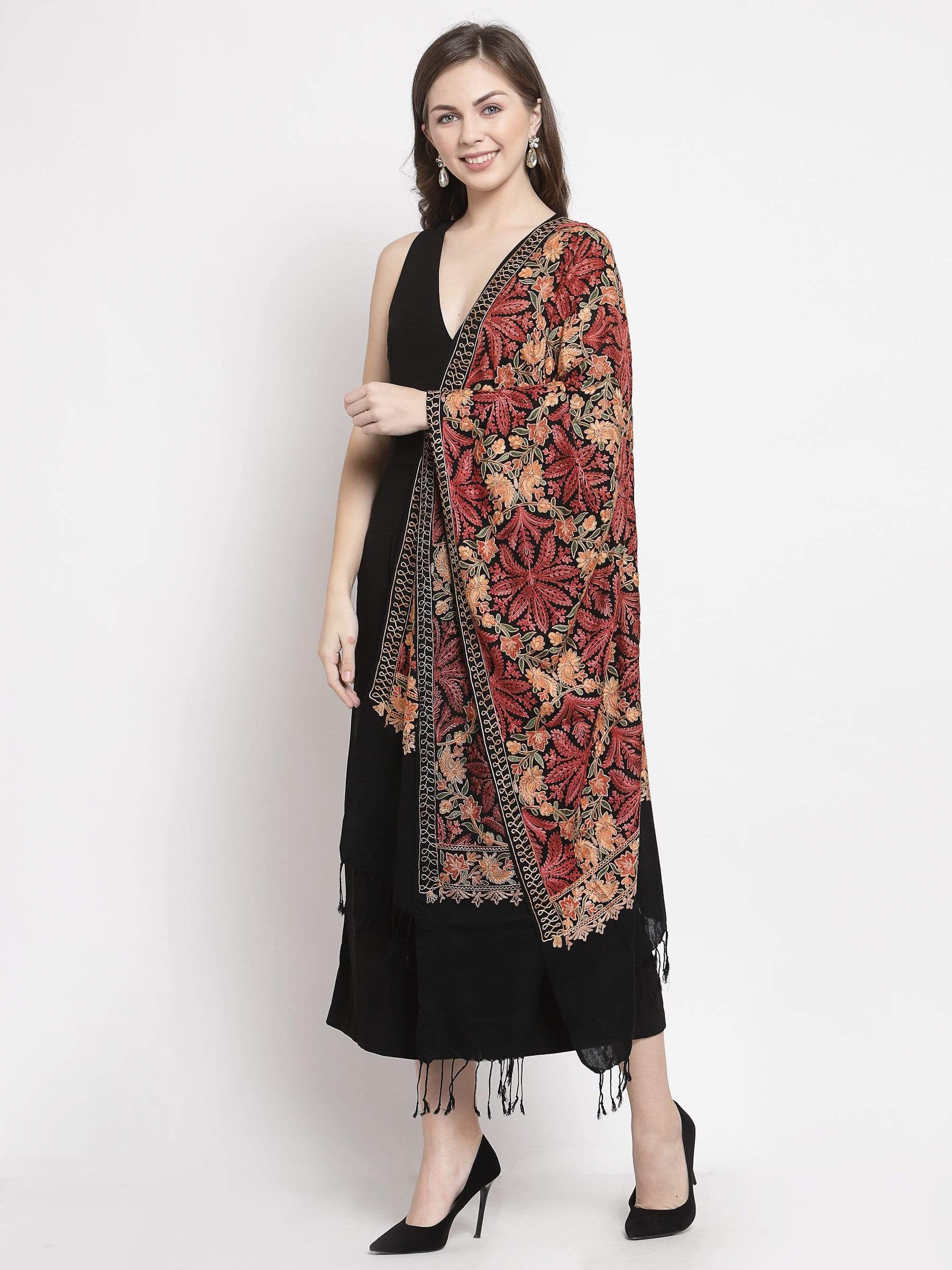 Pashtush India 70x200 Pashtush Kashmiri Aari Embroidery Stole, Fine Wool, Black