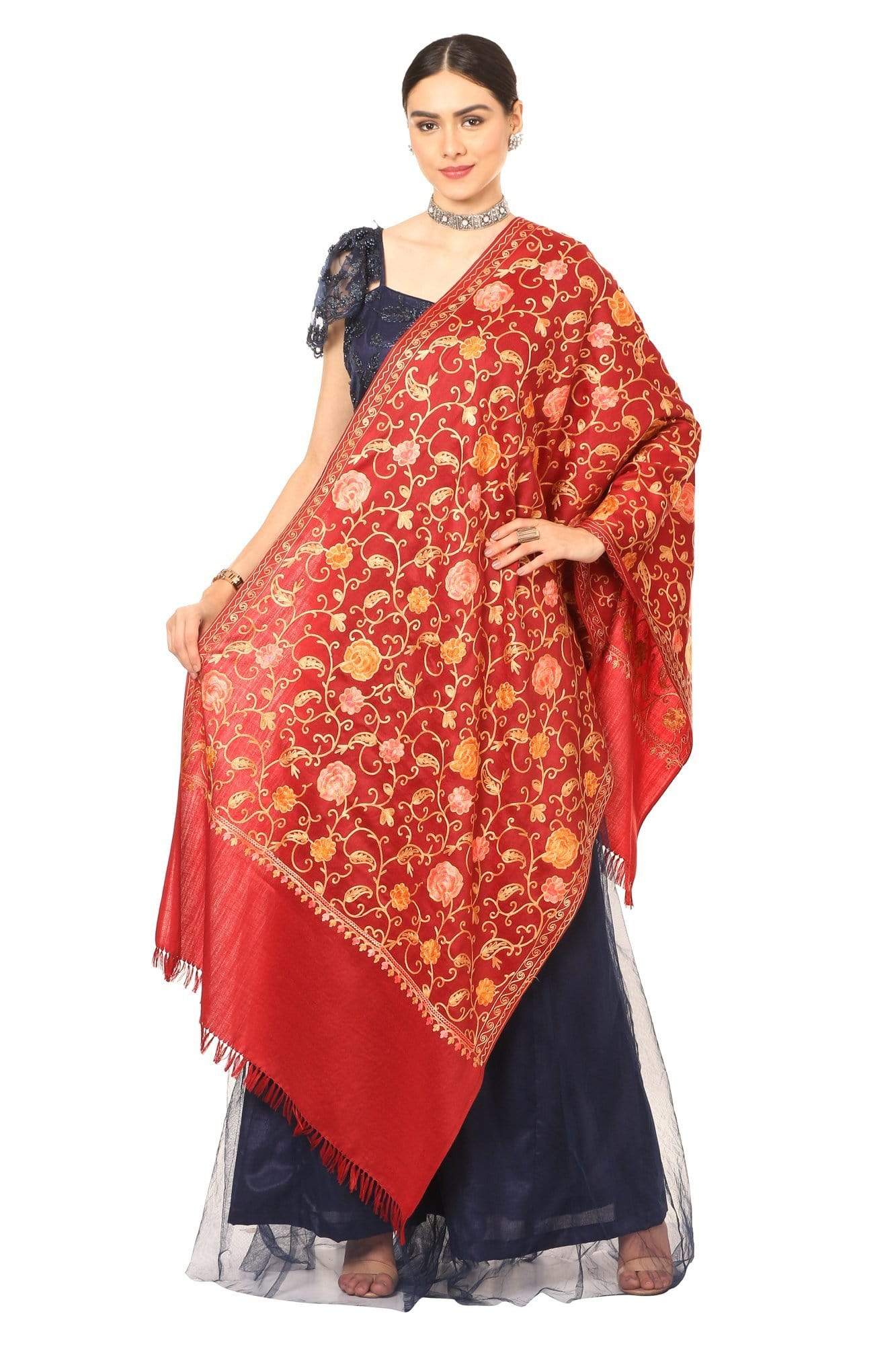 Pashtush India Shawl Pashtush Kashmiri Aari Embroidery Stole, Fine Wool, Maroon
